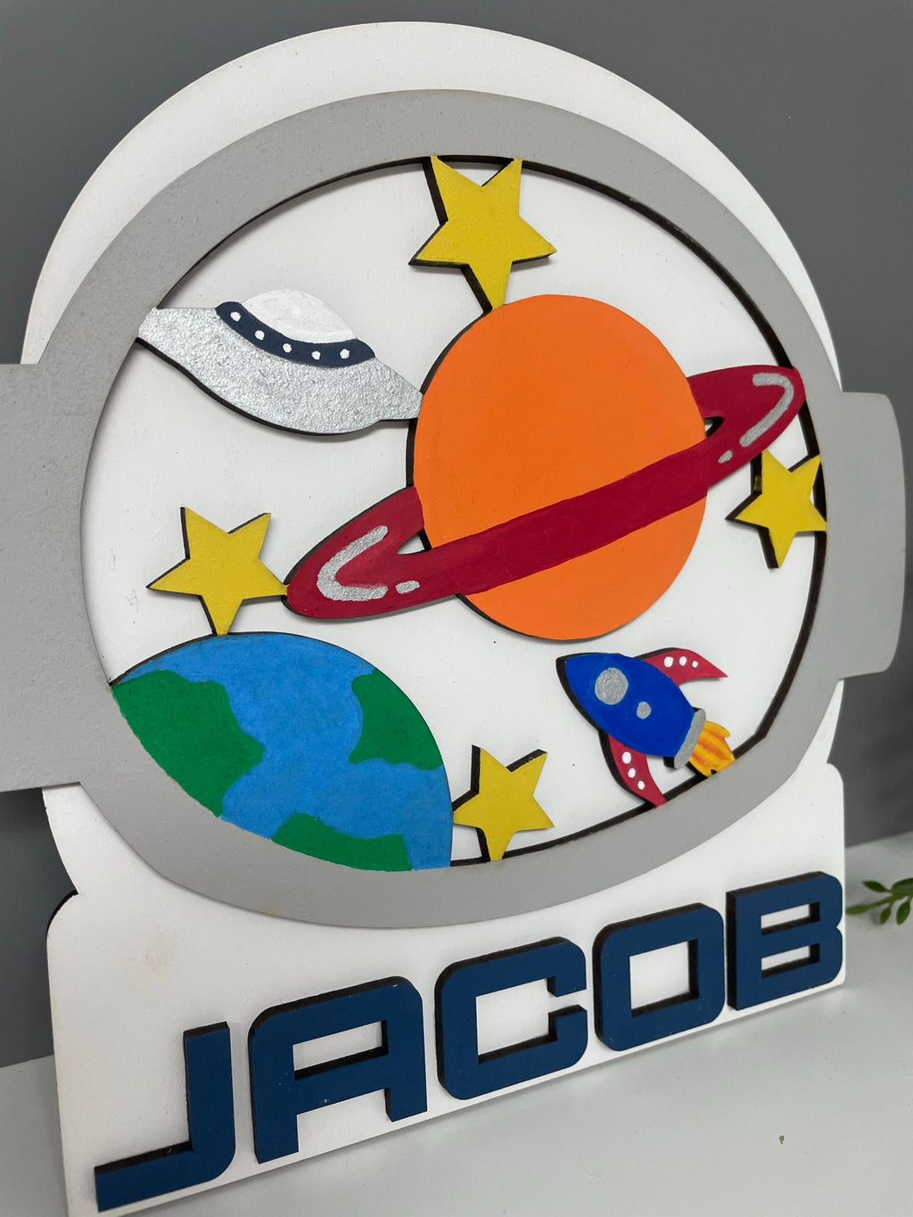 Astronaut name plaque - space theme bedroom decor - space name plaque - planets - wooden door sign