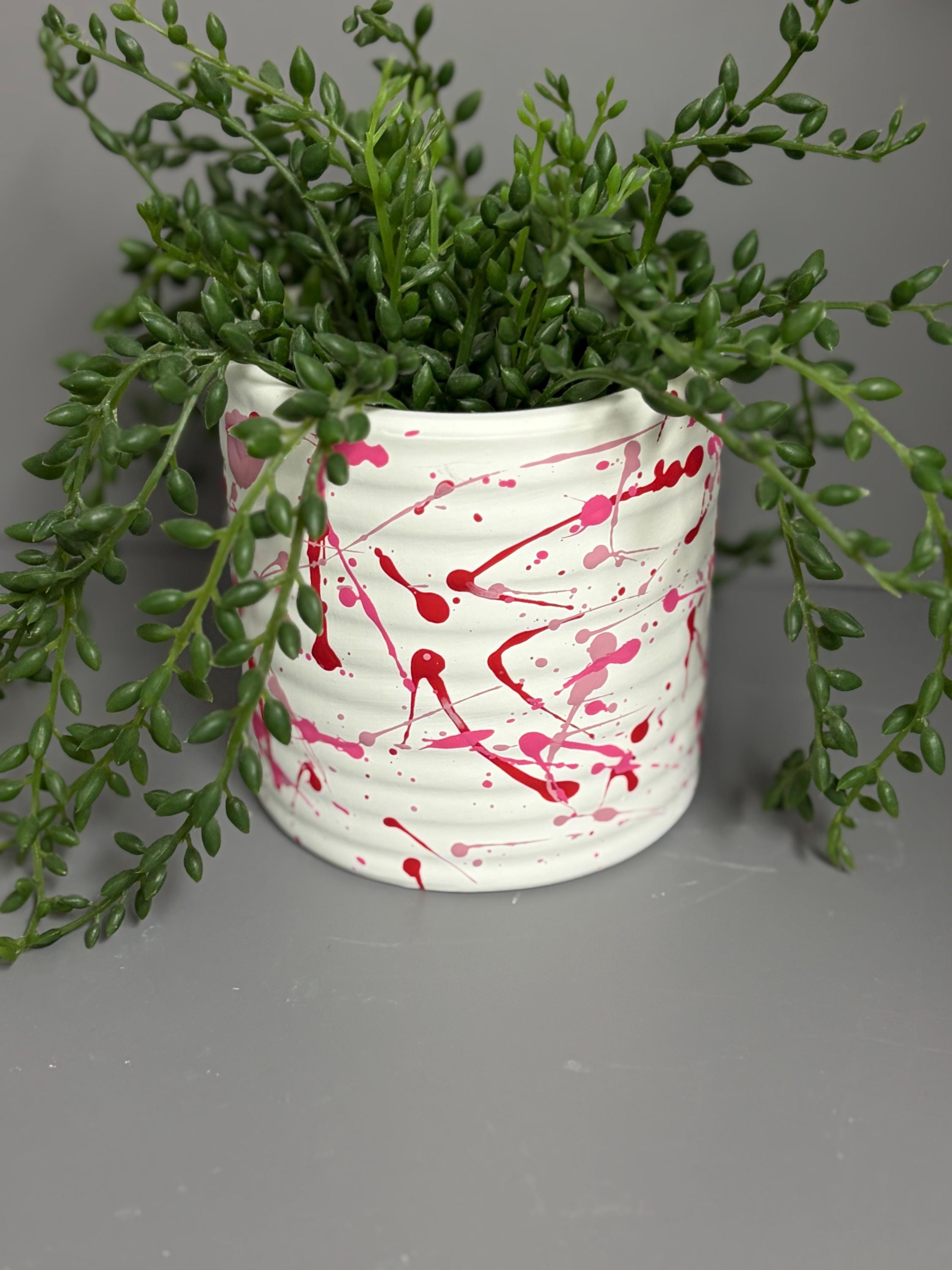 Hand Painted Ceramic Plant Pot, Pink and red plant pot, paint splatter plant pot.