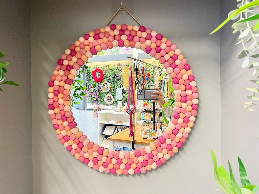 Large Circular Hanging Pom Pom mirror, rainbow pom Poms, playroom decor, nursery.