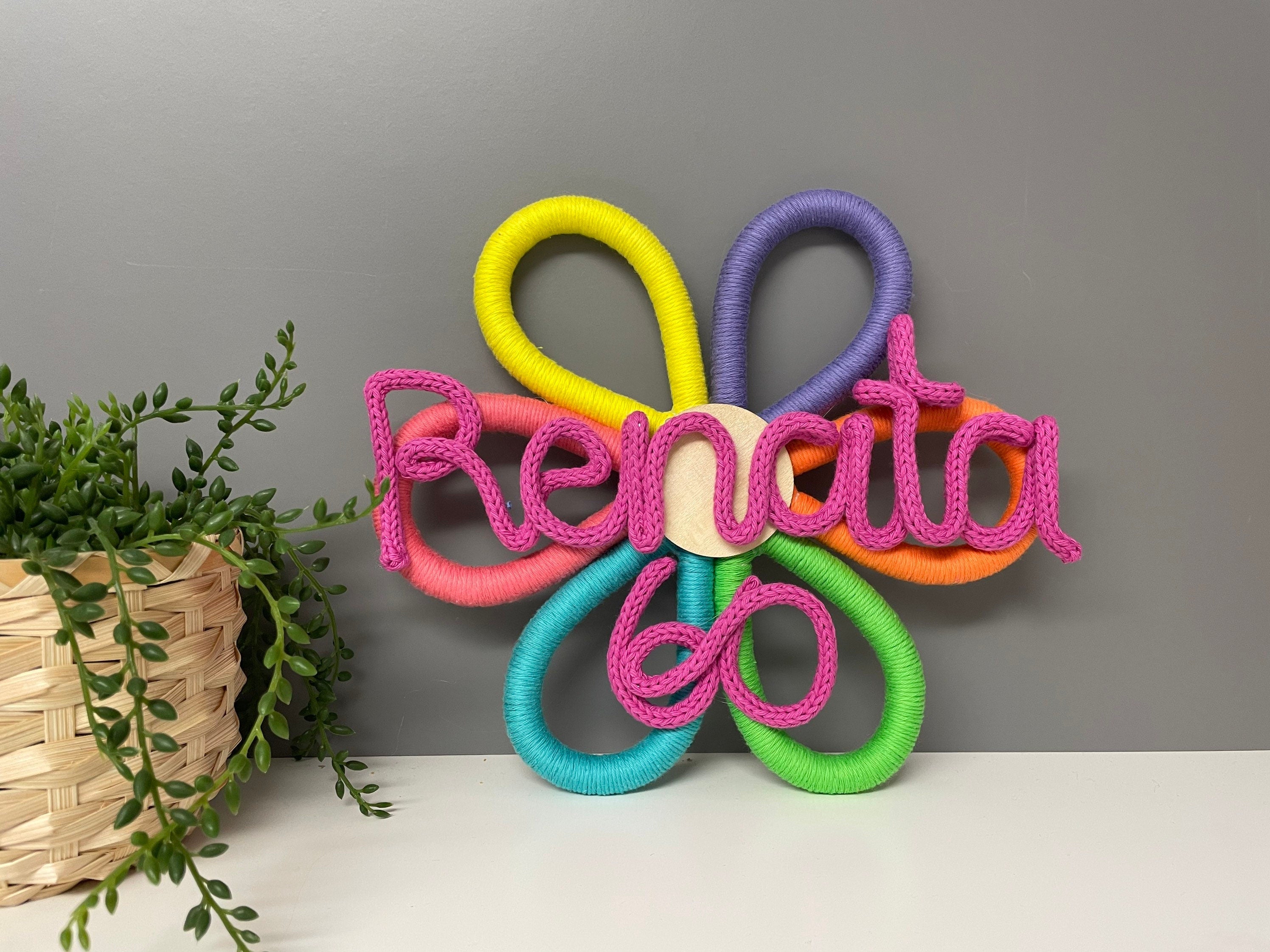 Personalised Macrame Flower Name Sign with knitted wire name - Nursery Wall Decor