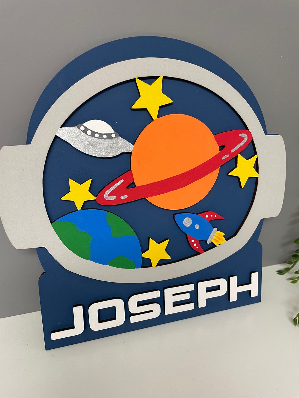 Astronaut name plaque - space theme bedroom decor - space name plaque - planets - wooden door sign