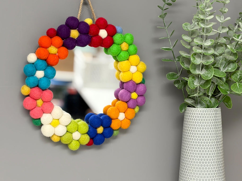 Pom Pom flower Wall Mirror, Wool Felt rainbow Pom Poms, Nursery Decor, circular mirror.