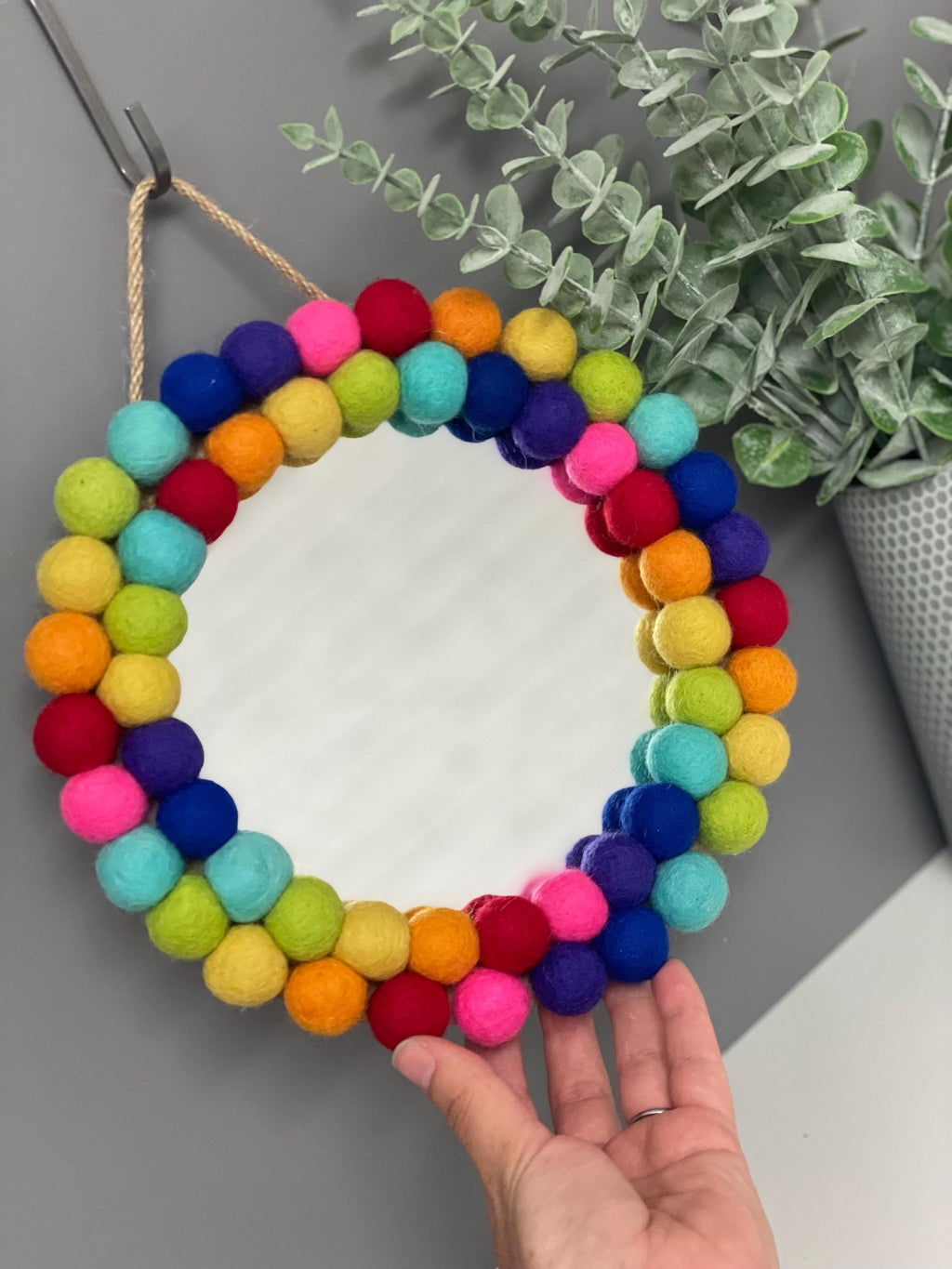 Small Pom Pom mirror, circle mirror, playroom decor, nursery decor, rainbow mirror