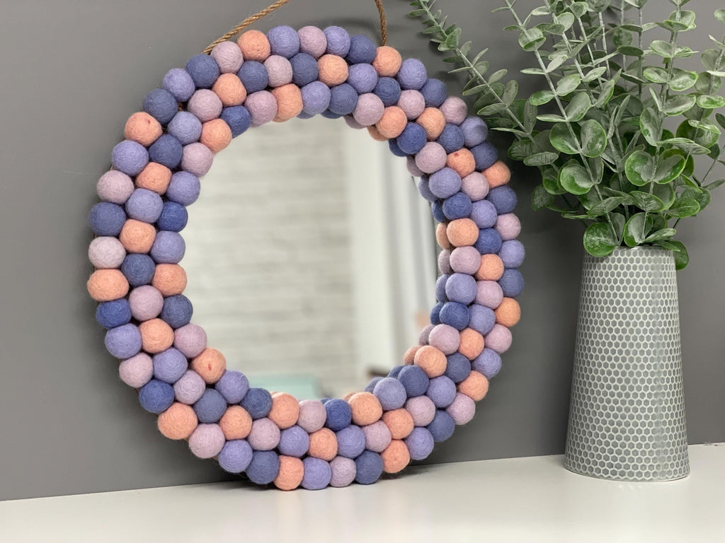 Medium Circular Hanging Pom pom mirror, pastel purple, lilac, pale pink,  rainbow Pom Poms, playroom, nursery decor