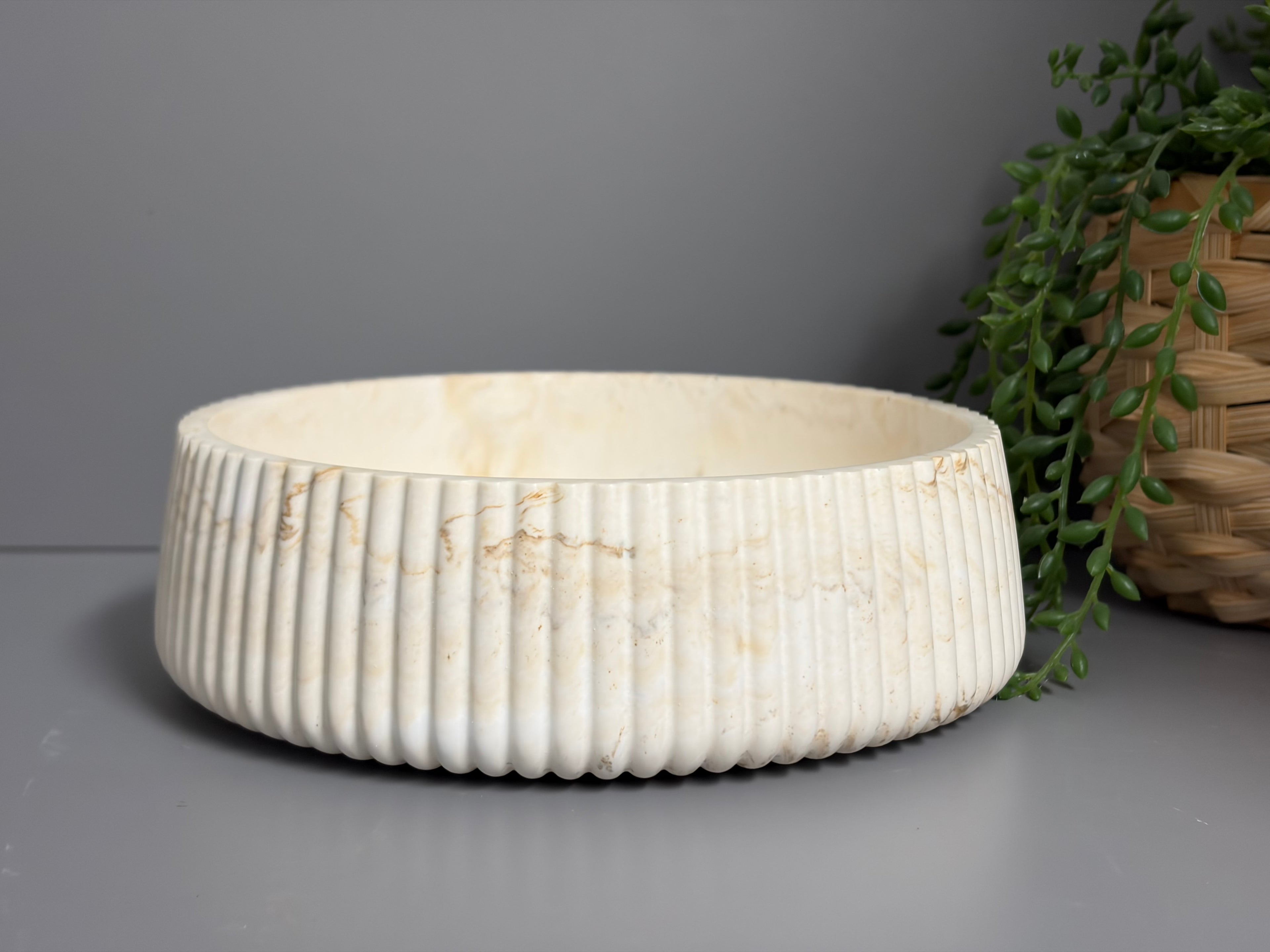 Round decorative Jesmonite bowl, neutral home decor, ridged bowl