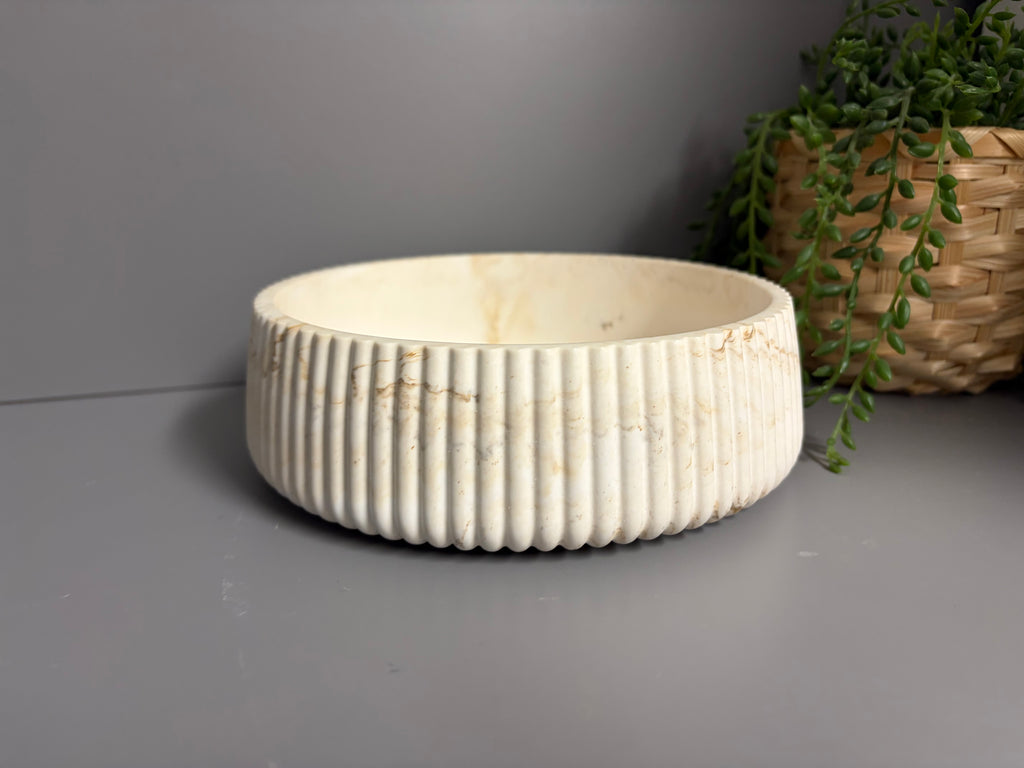 Round decorative Jesmonite bowl, neutral home decor, ridged bowl