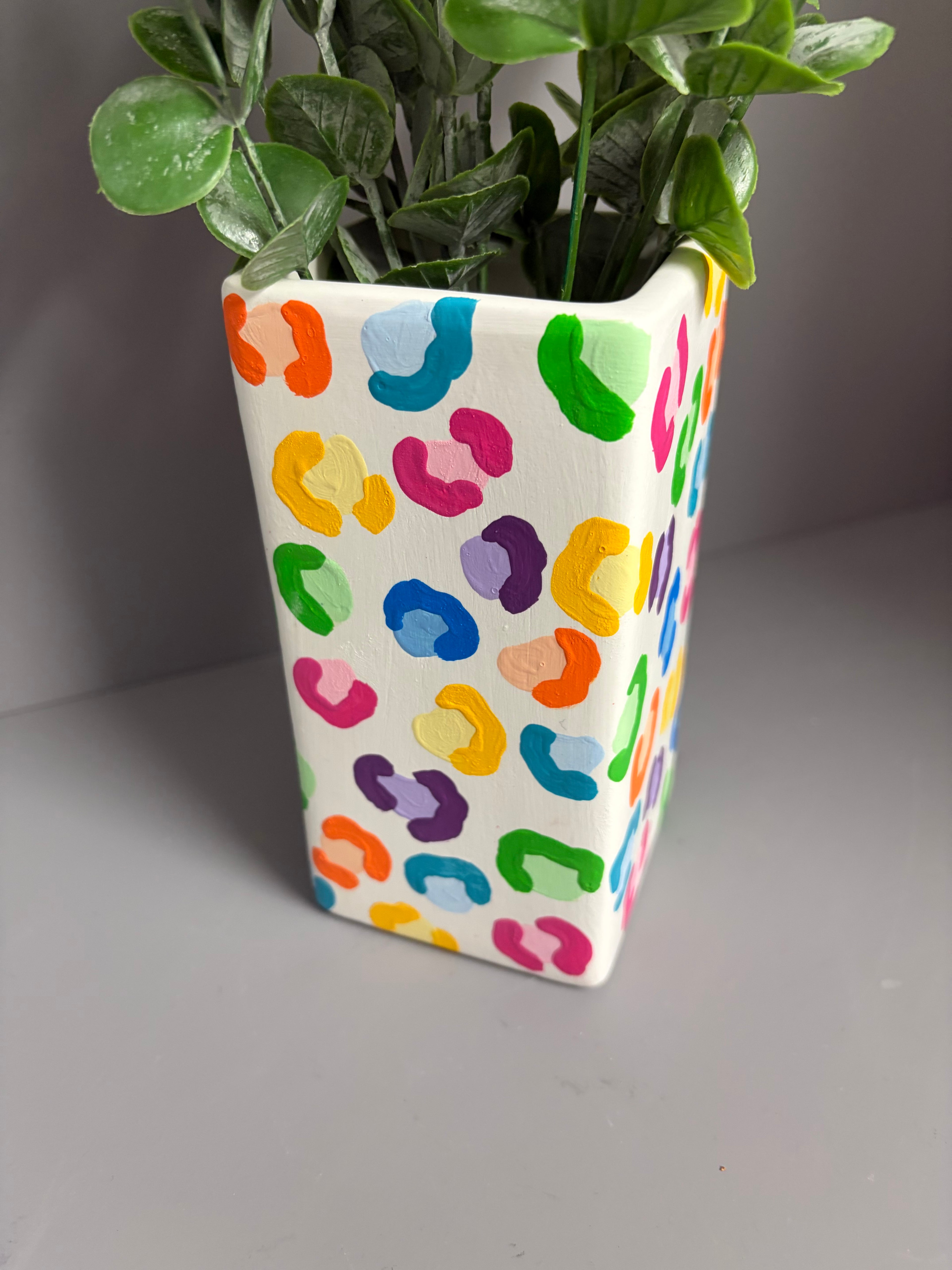 Hand painted vibrant leopard print ceramic vase
