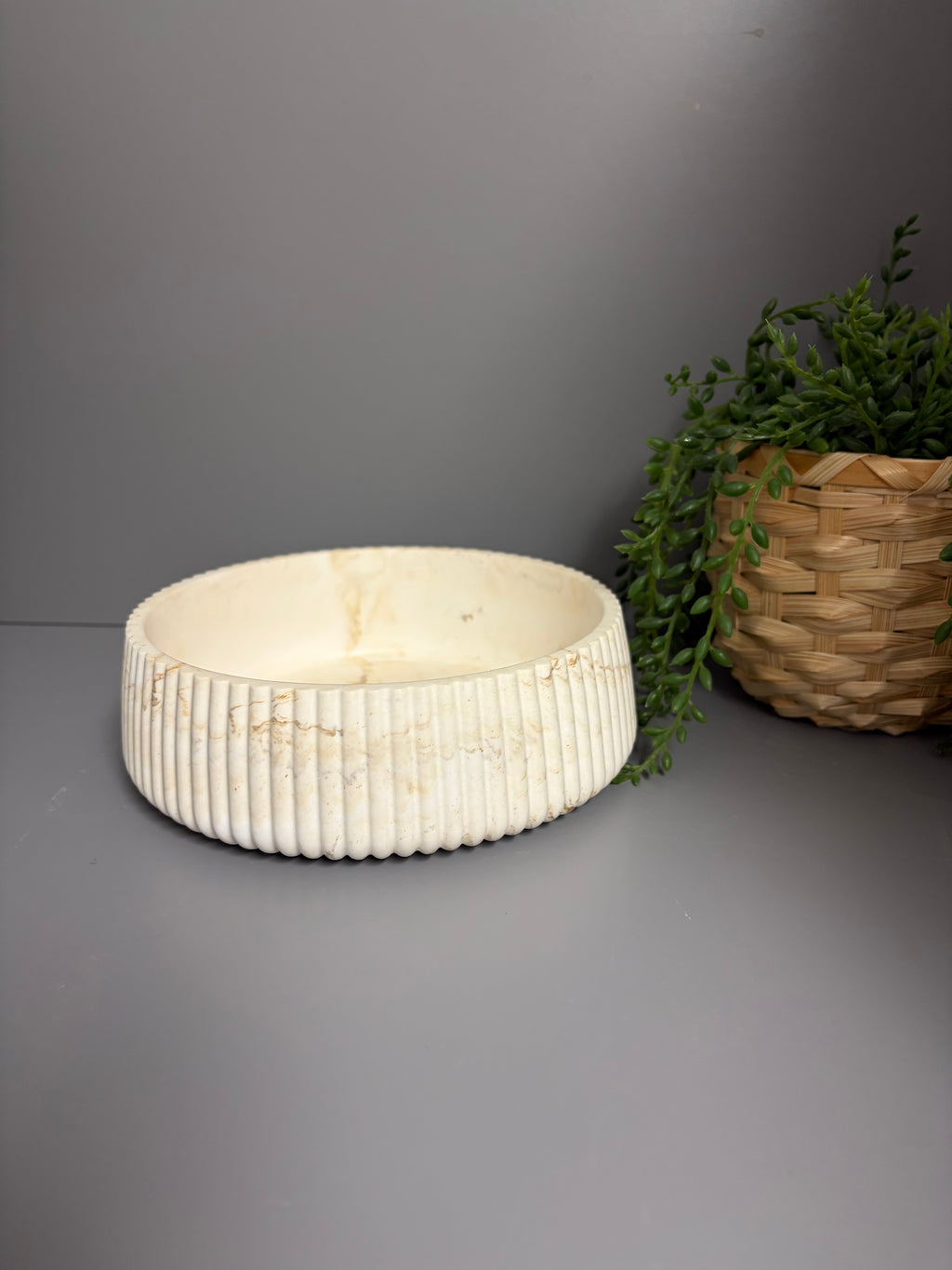 Round decorative Jesmonite bowl, neutral home decor, ridged bowl
