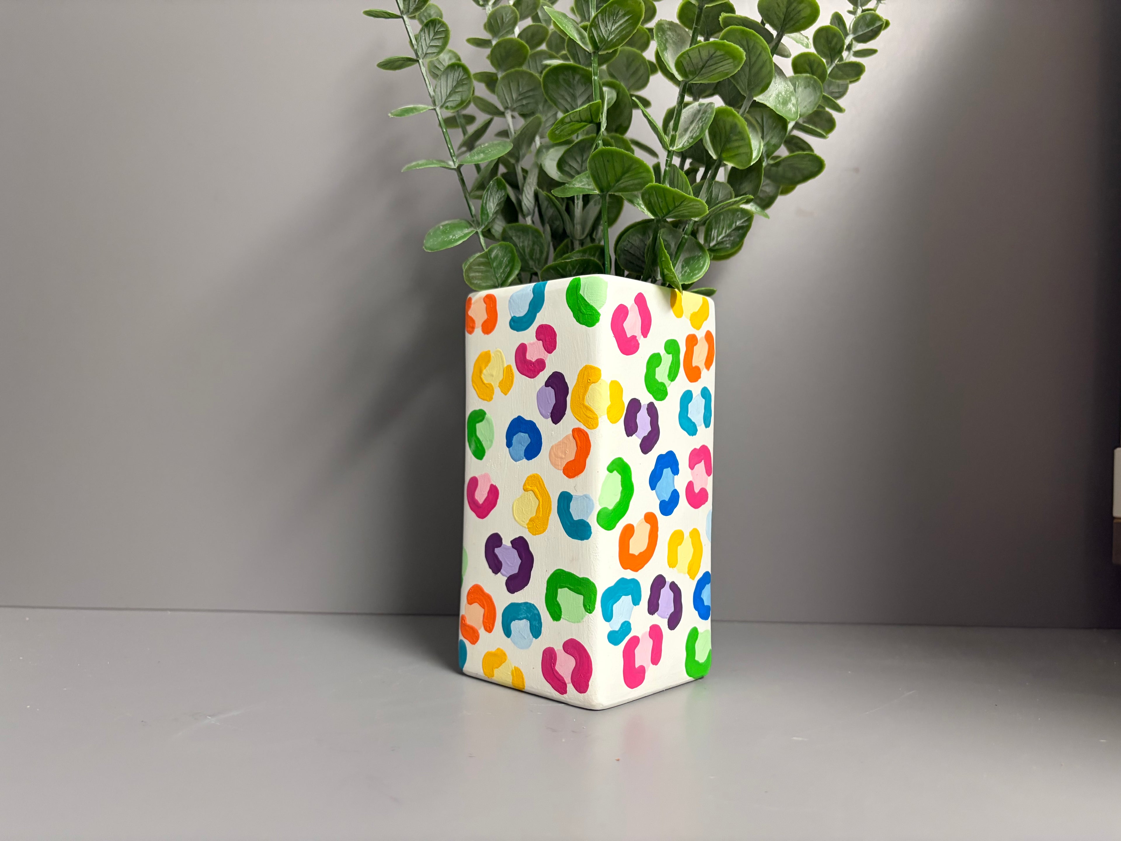Hand painted vibrant leopard print ceramic vase