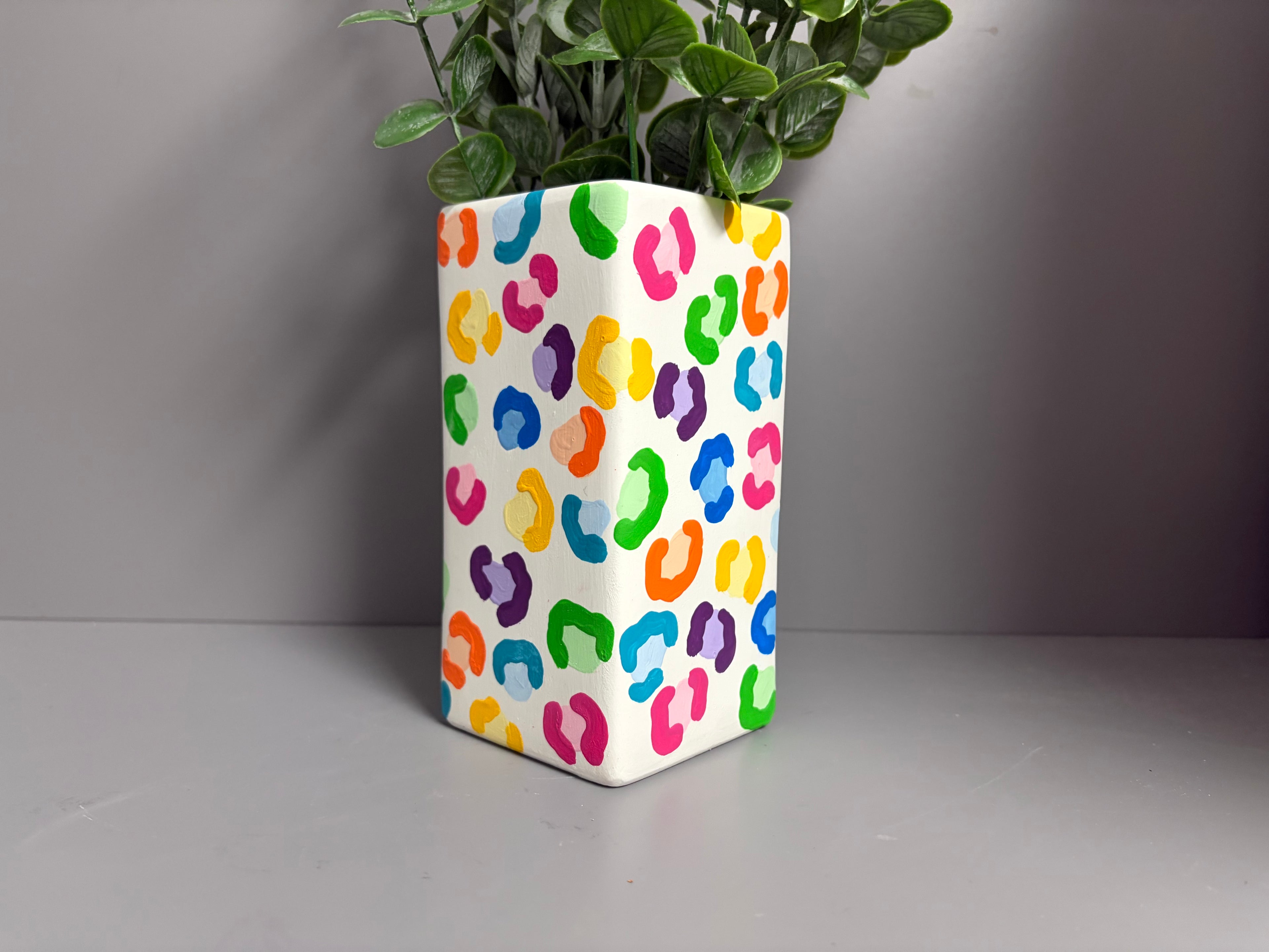Hand painted vibrant leopard print ceramic vase