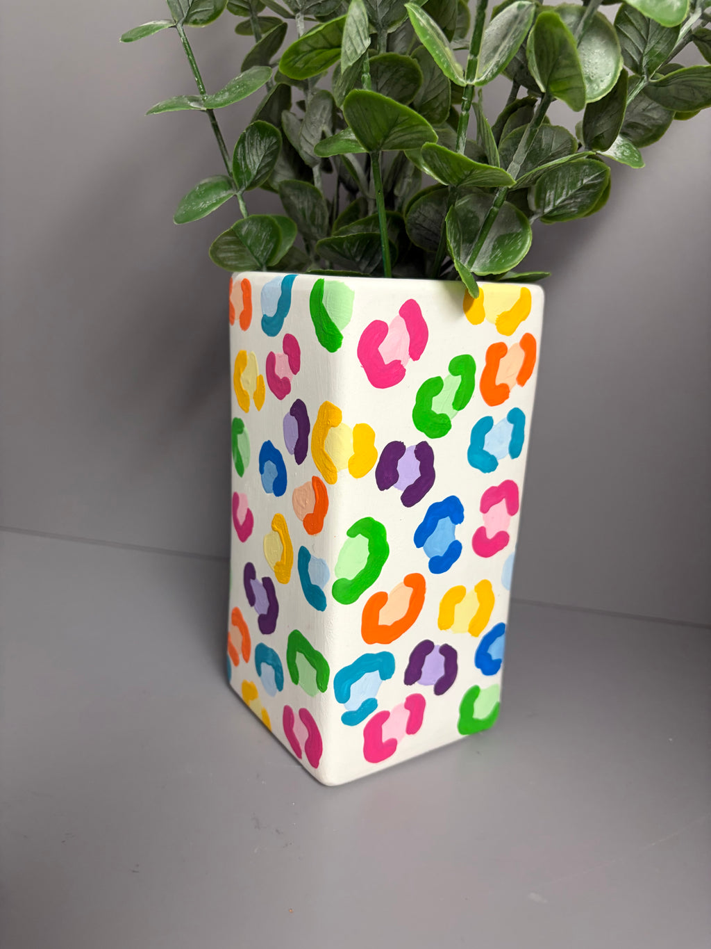 Hand painted vibrant leopard print ceramic vase