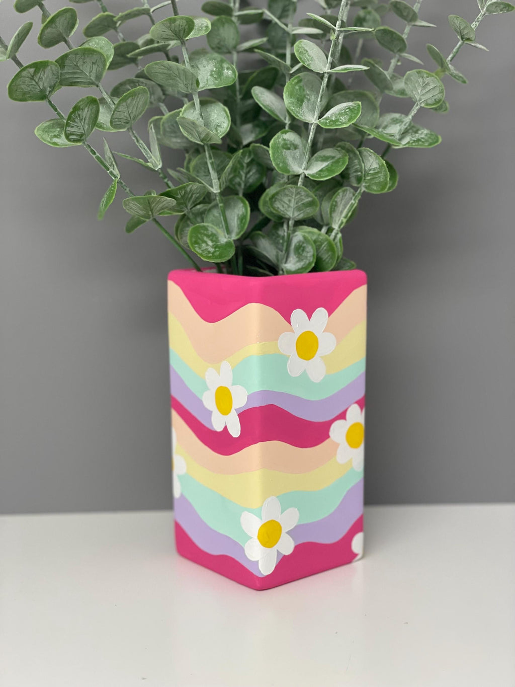 Flower, smiley face hand painted pastel coloured waves ceramic vase
