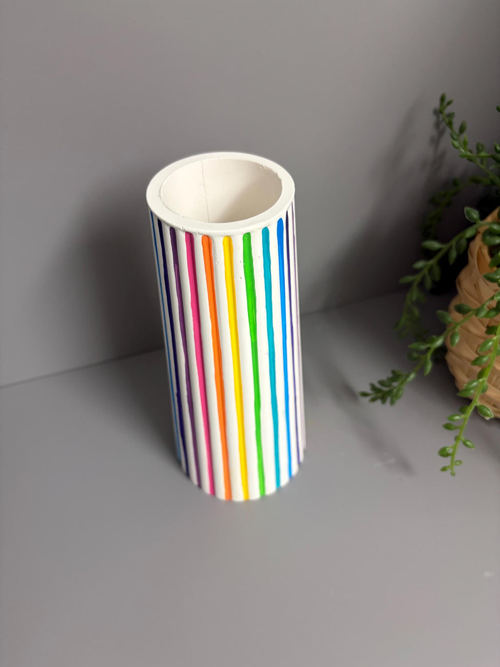 Jesmonite eco resin rainbow stripe vase.