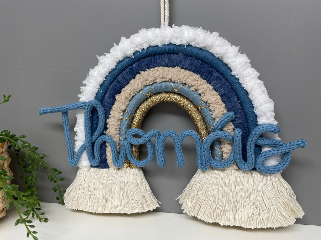 Personalised macrame rainbow with knitted wire name - nursery decor - new baby gift - home decor - rainbow wall hanging - knitted wire words