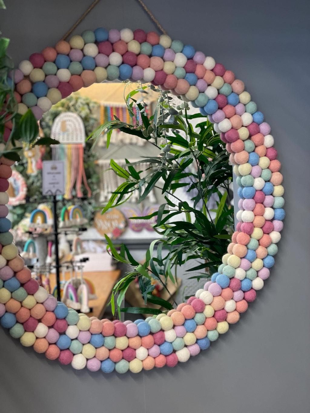 Large Circular Hanging Pom Pom mirror, rainbow pom Poms, playroom decor, nursery.