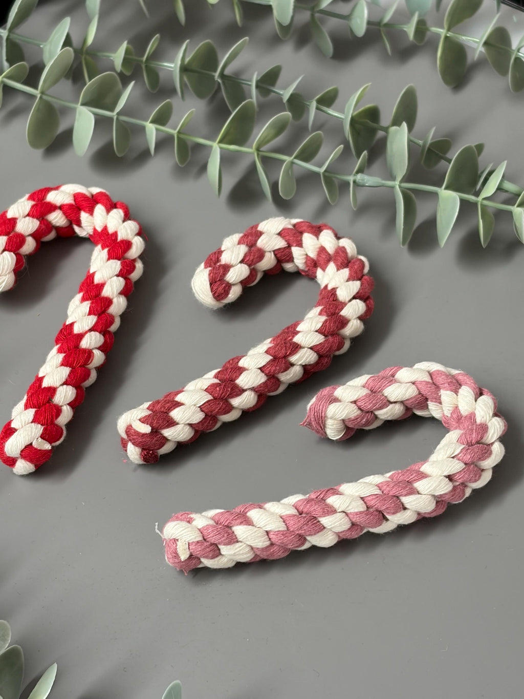 Christmas macrame candy cane decorations, candy cane baubles, macrame decorations.