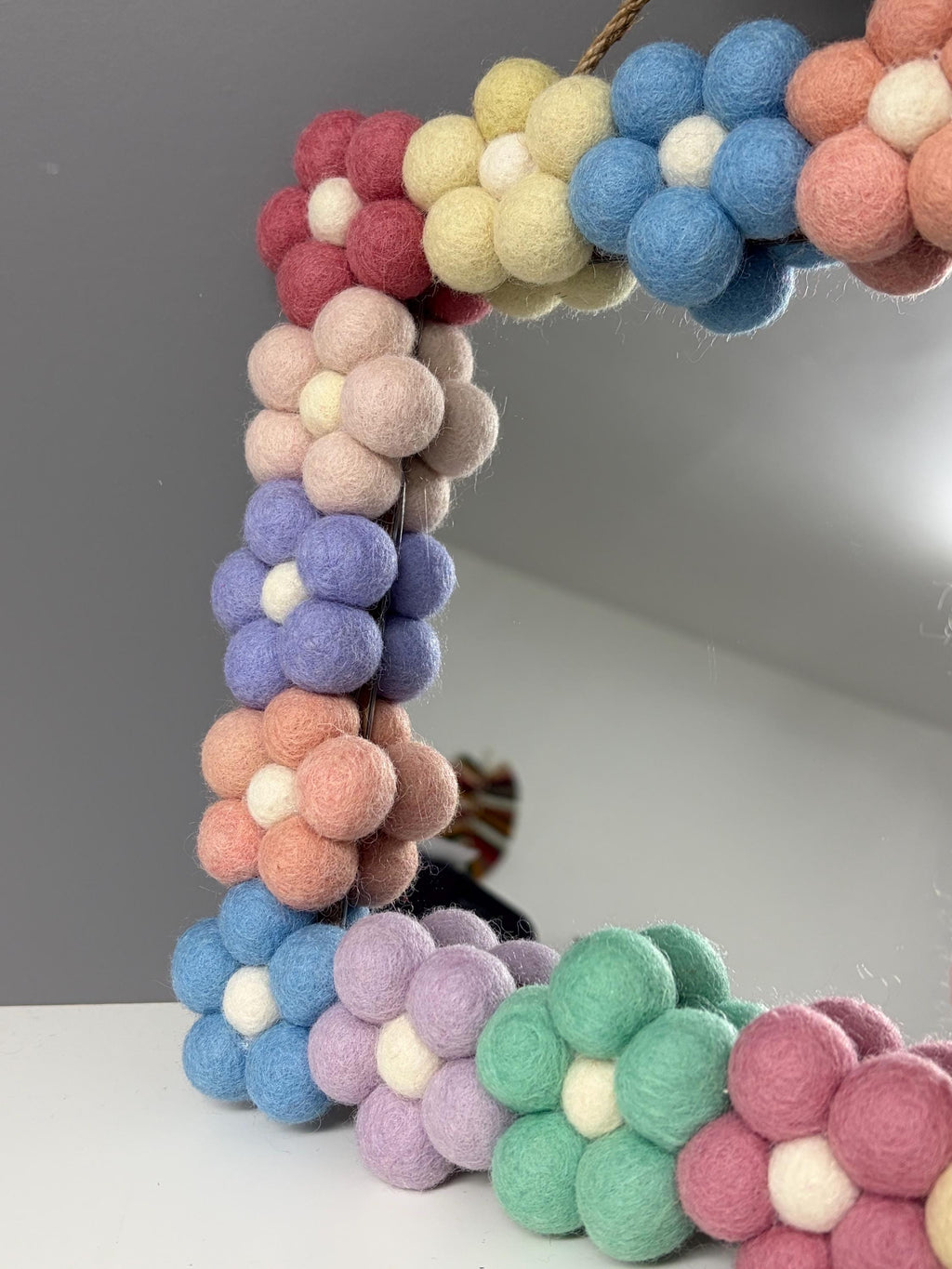 Pom Pom flower Wall Mirror, Wool Felt rainbow Pom Poms, Nursery Decor, square mirror.