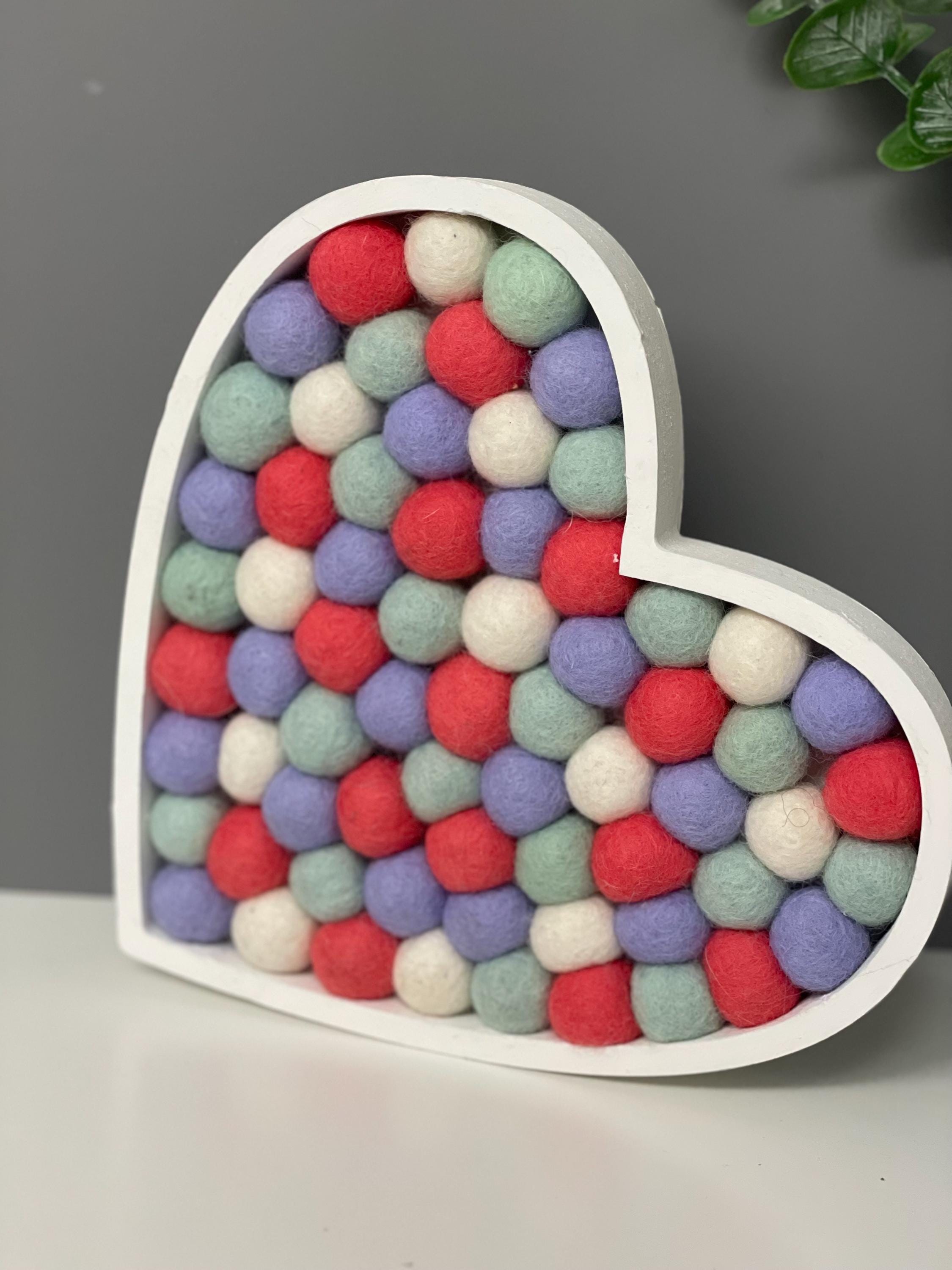 Wool felt Pom Pom heart, fillable heart, wooden heart, nursery decor, Pom Pom decor, rainbow pom Poms