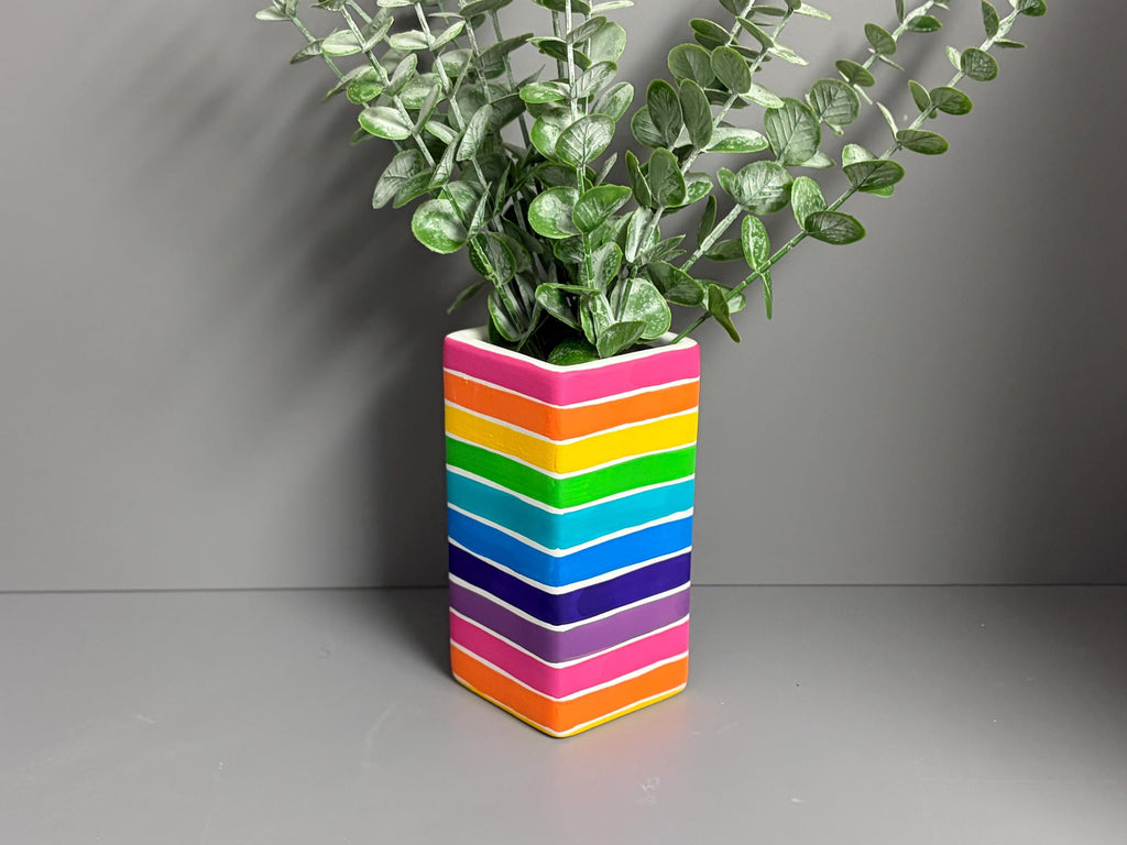Bright rainbow strip hand painted ceramic vase