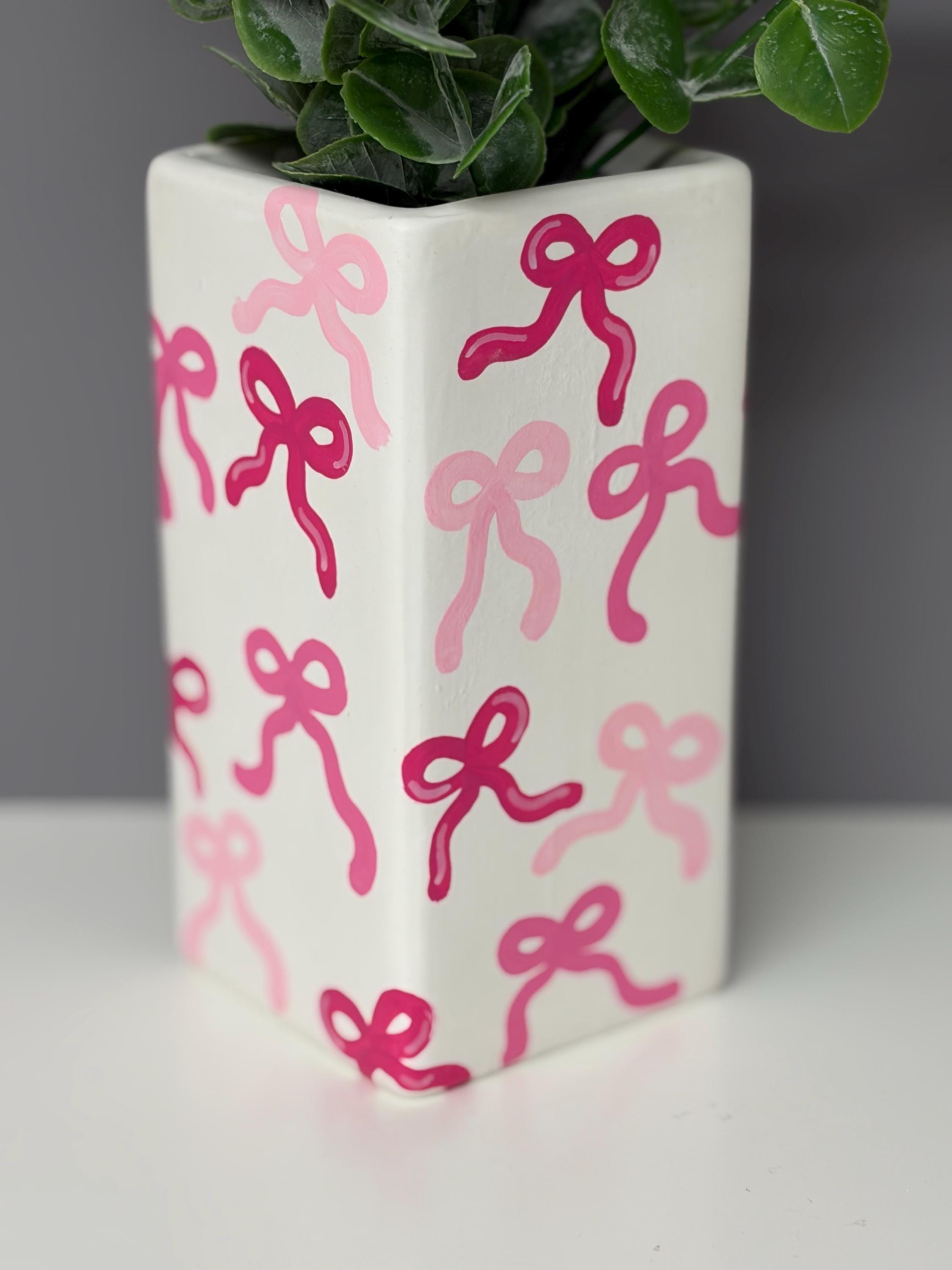 Bow hand painted ceramic vase, shades of pink, pink bow vase.