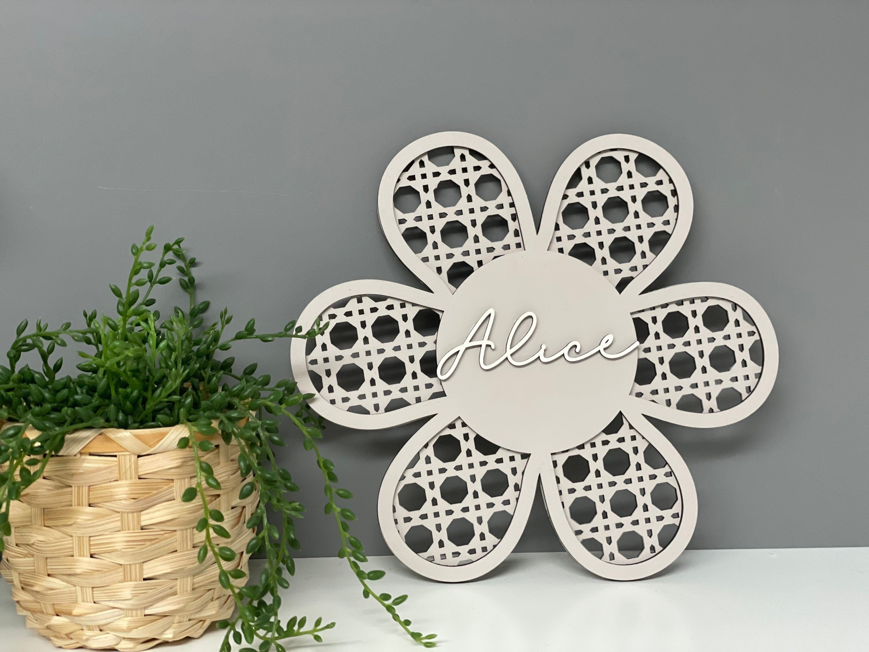 Rattan style wall flower - personalised wall decor - name flower - nursery decor - childrens door sign - flower name plaque