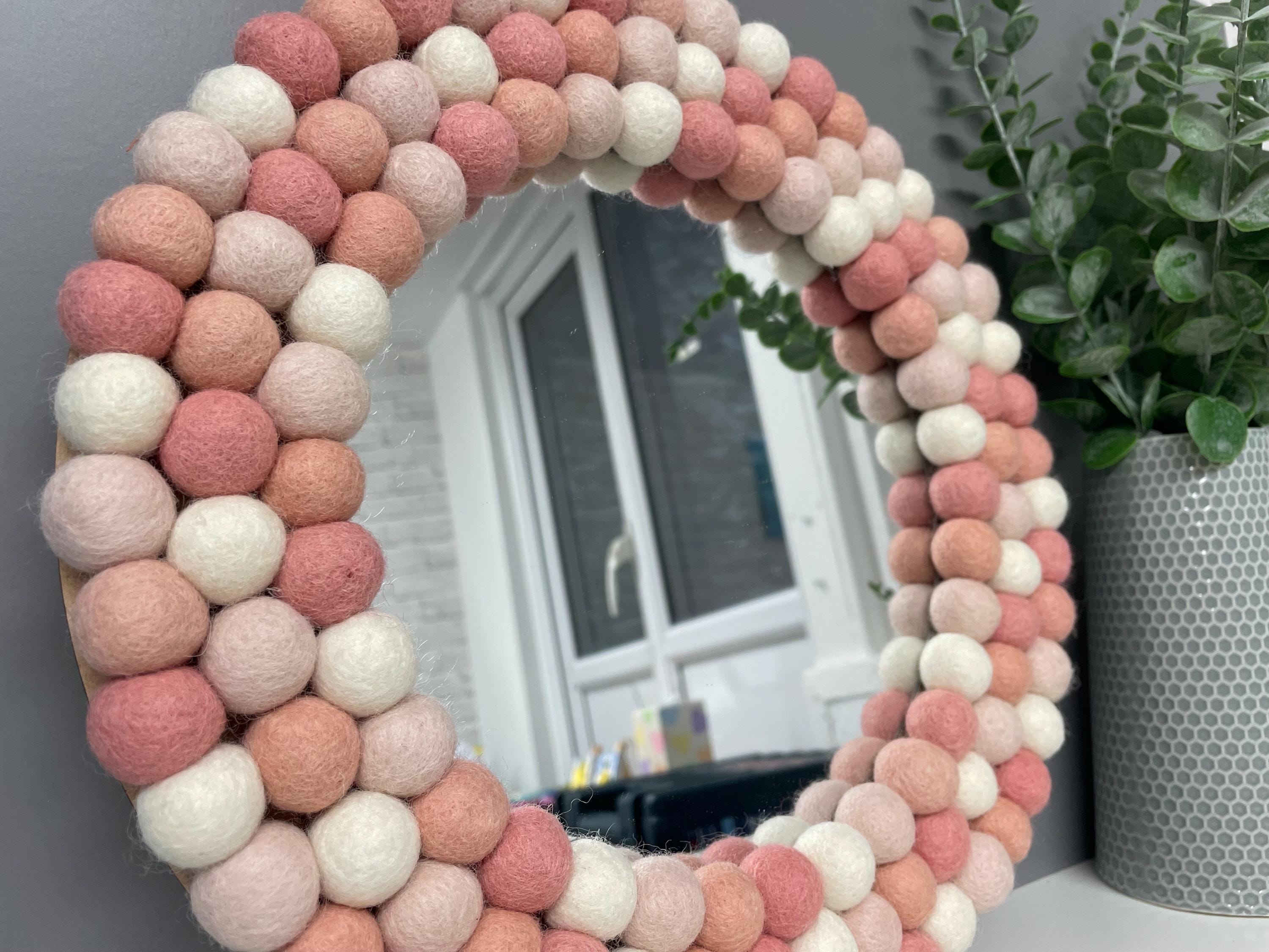Wool Felt Pom Pom Mirror, Pink & Cream Nursery Decor, circular wall mirror