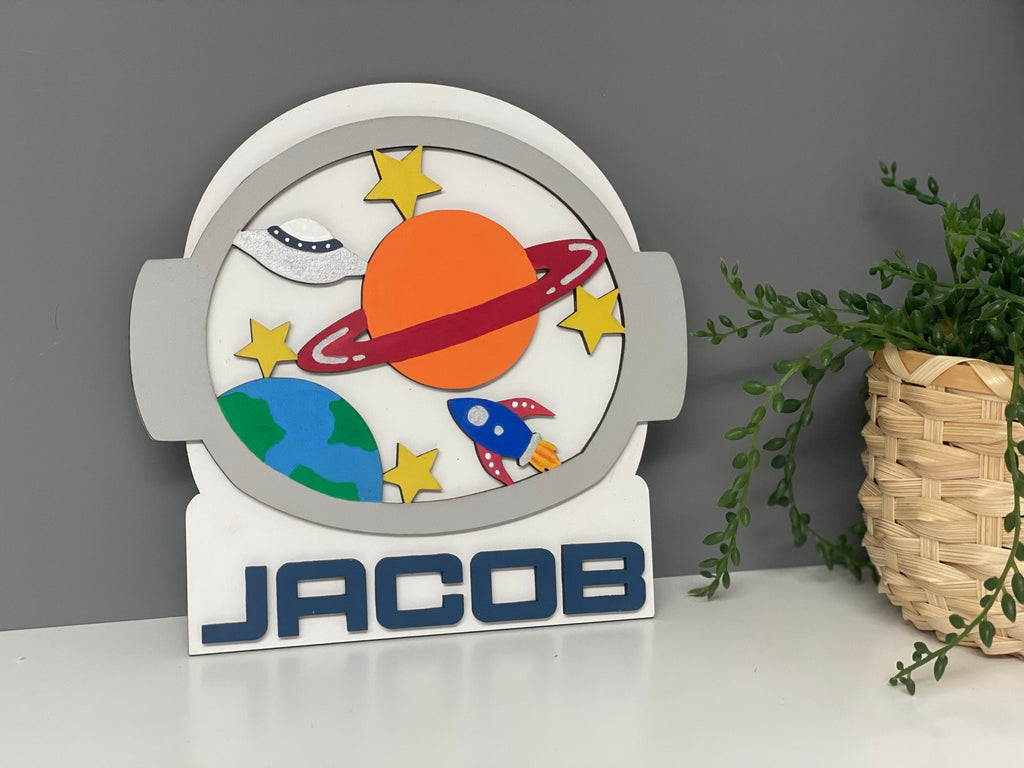 Astronaut name plaque - space theme bedroom decor - space name plaque - planets - wooden door sign