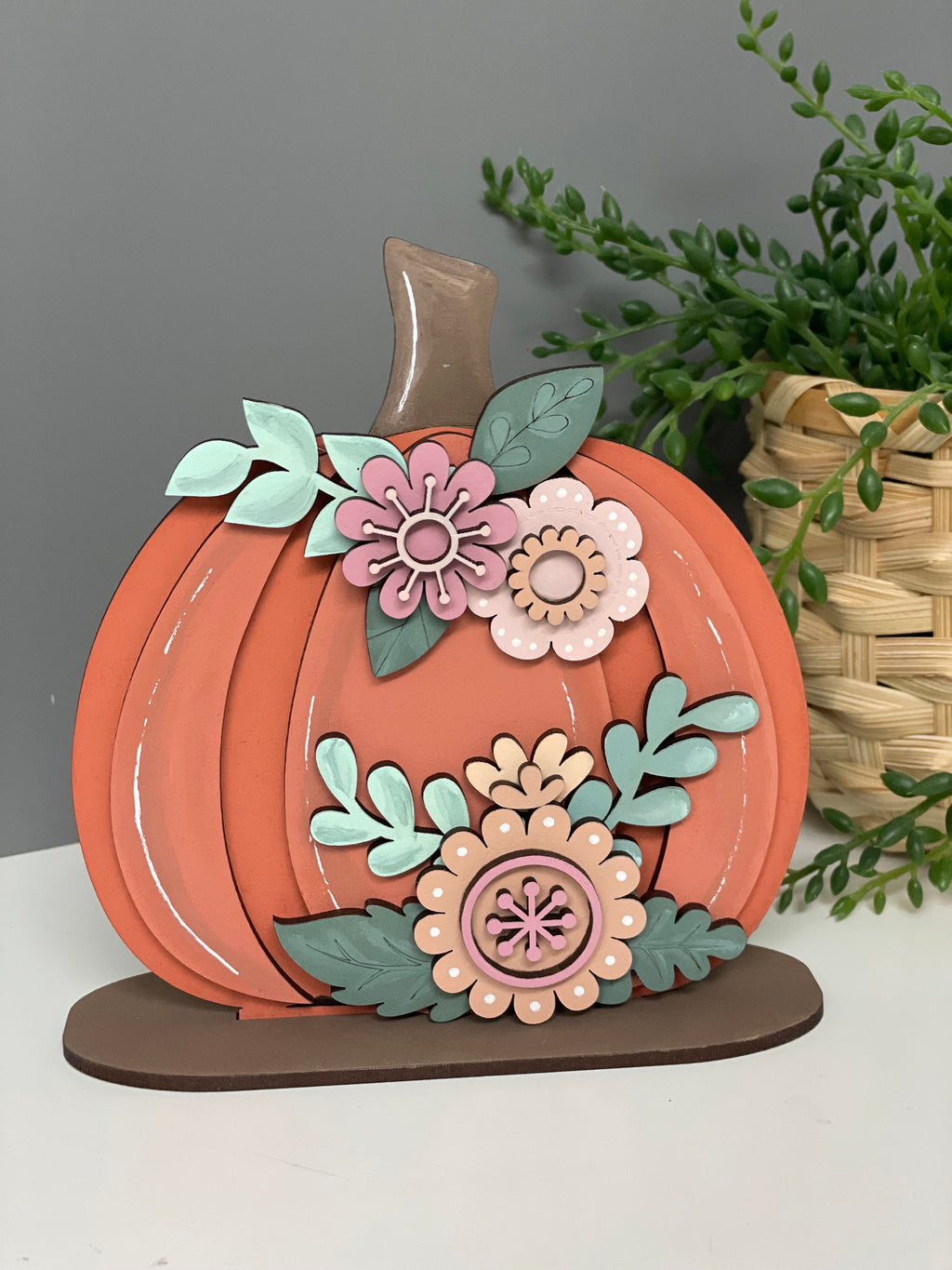 Wooden pumpkins, freestanding pumpkin, autumn decor, floral pumpkins.