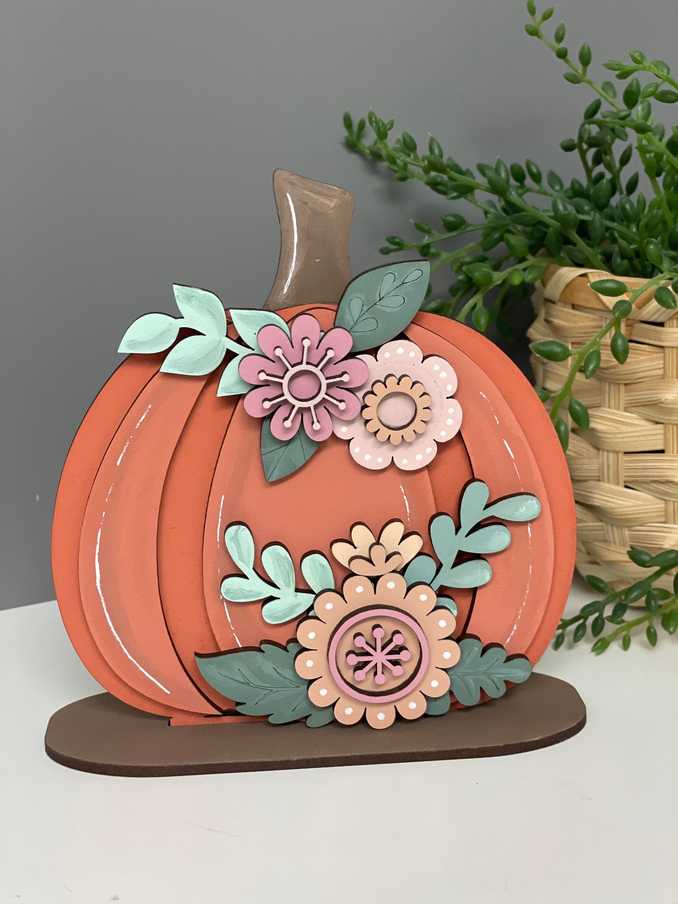 Wooden pumpkins, freestanding pumpkin, autumn decor, floral pumpkins.