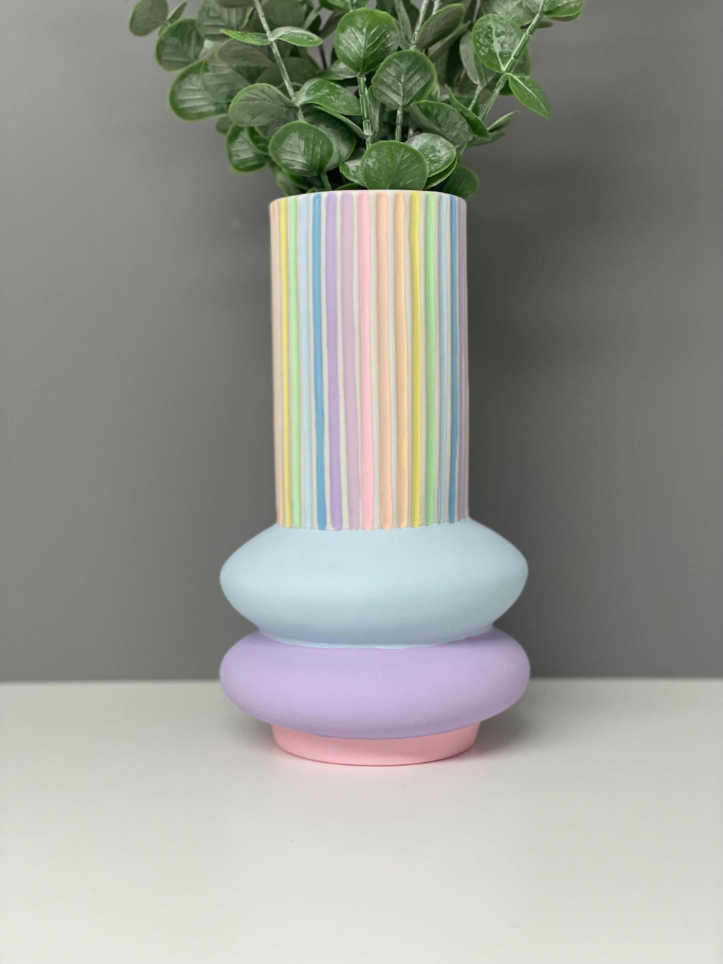 Handpainted Ceramic Vase: Pastel Rainbow Stripe Flower Vase