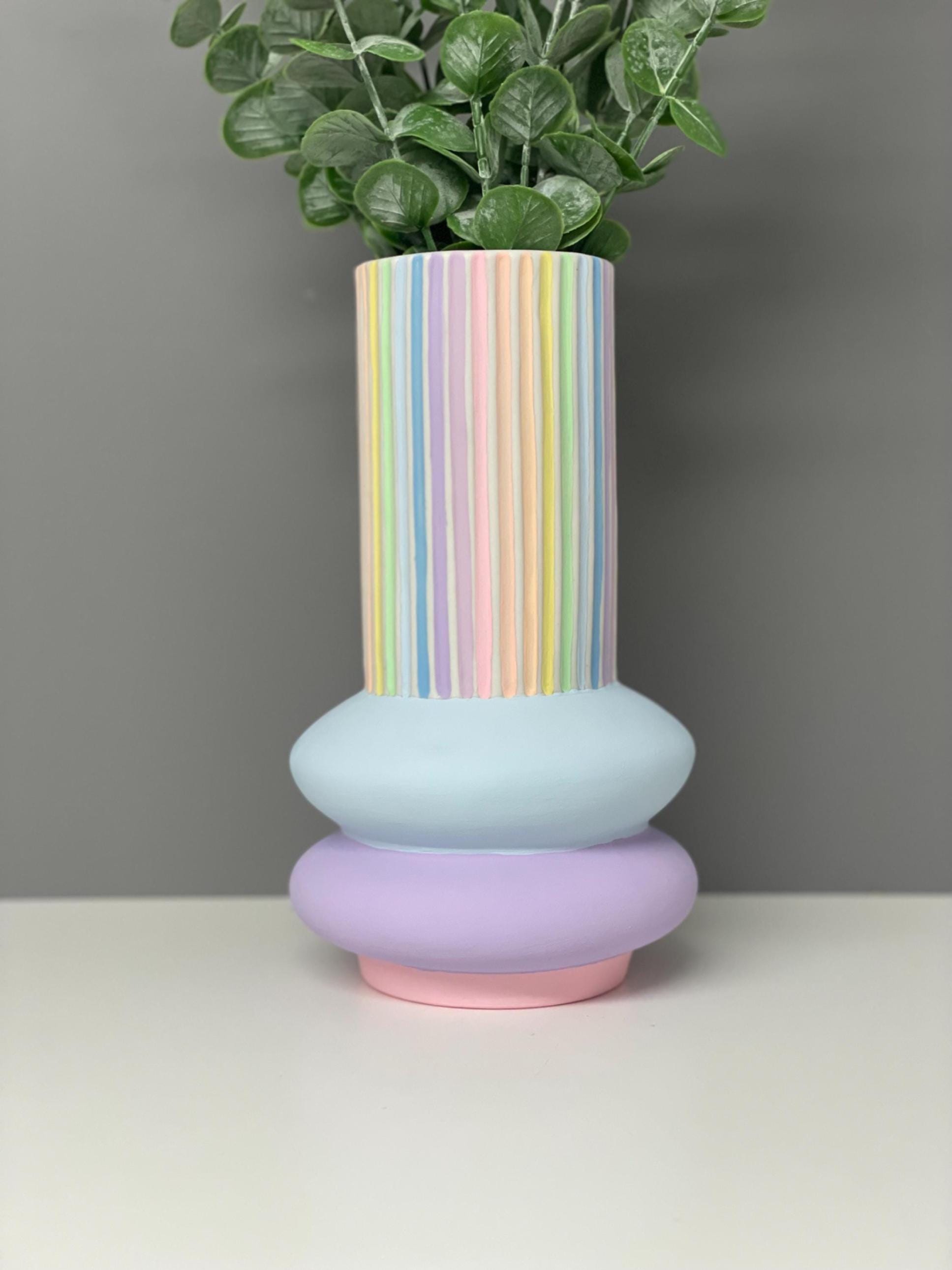 Handpainted Ceramic Vase: Pastel Rainbow Stripe Flower Vase