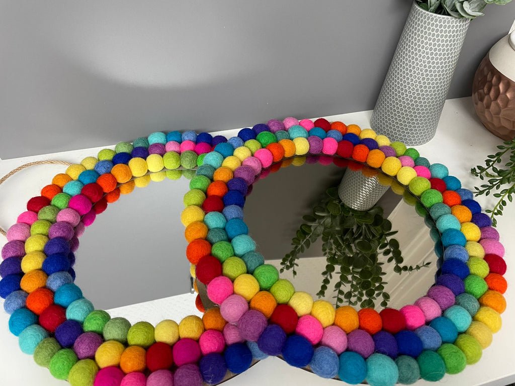 Medium Circular Hanging Pom Pom mirror, rainbow pom Poms, playroom decor.