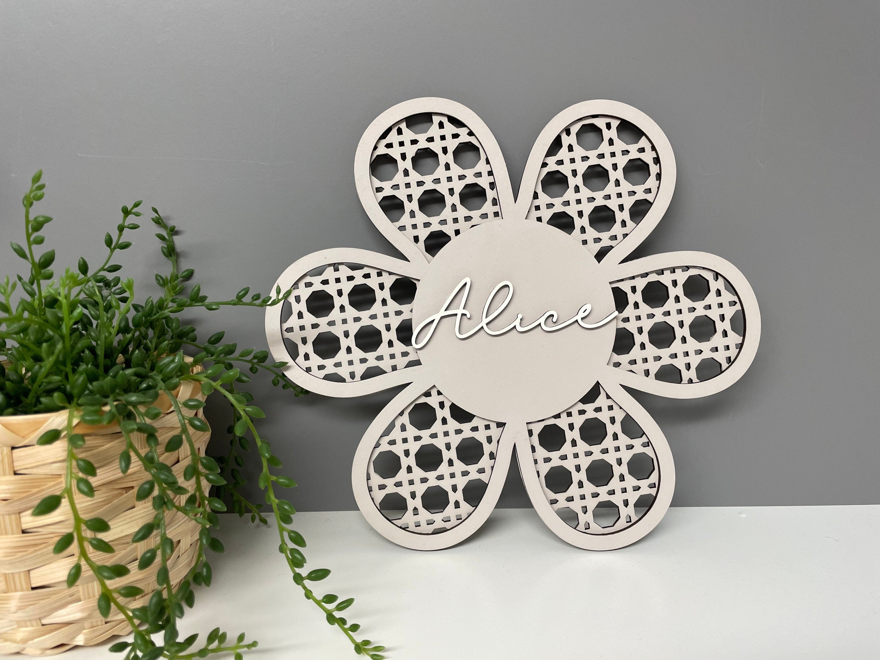 Rattan style wall flower - personalised wall decor - name flower - nursery decor - childrens door sign - flower name plaque