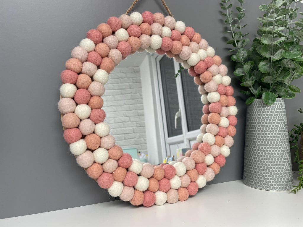 Wool Felt Pom Pom Mirror, Pink & Cream Nursery Decor, circular wall mirror