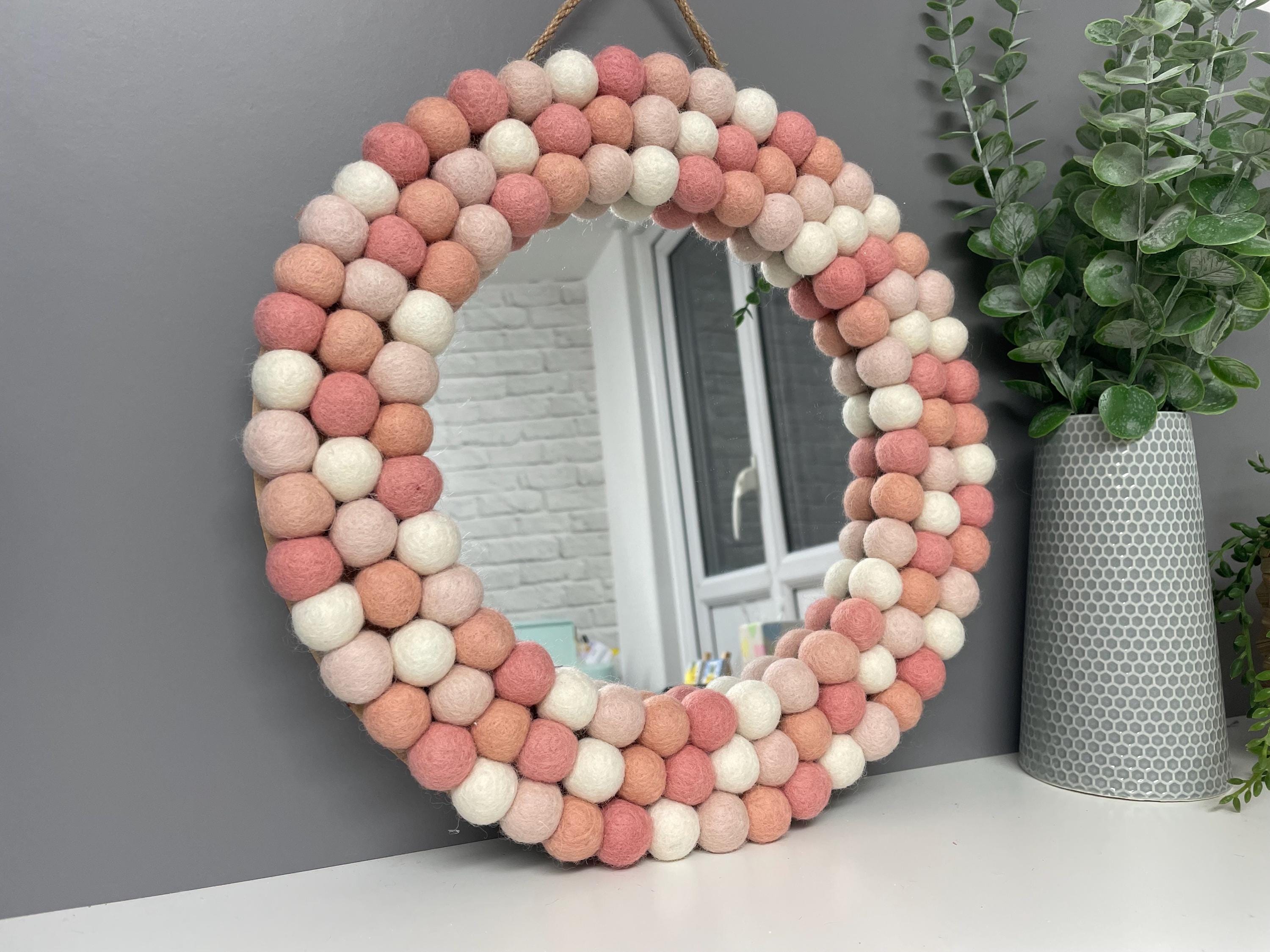 Wool Felt Pom Pom Mirror, Pink & Cream Nursery Decor, circular wall mirror