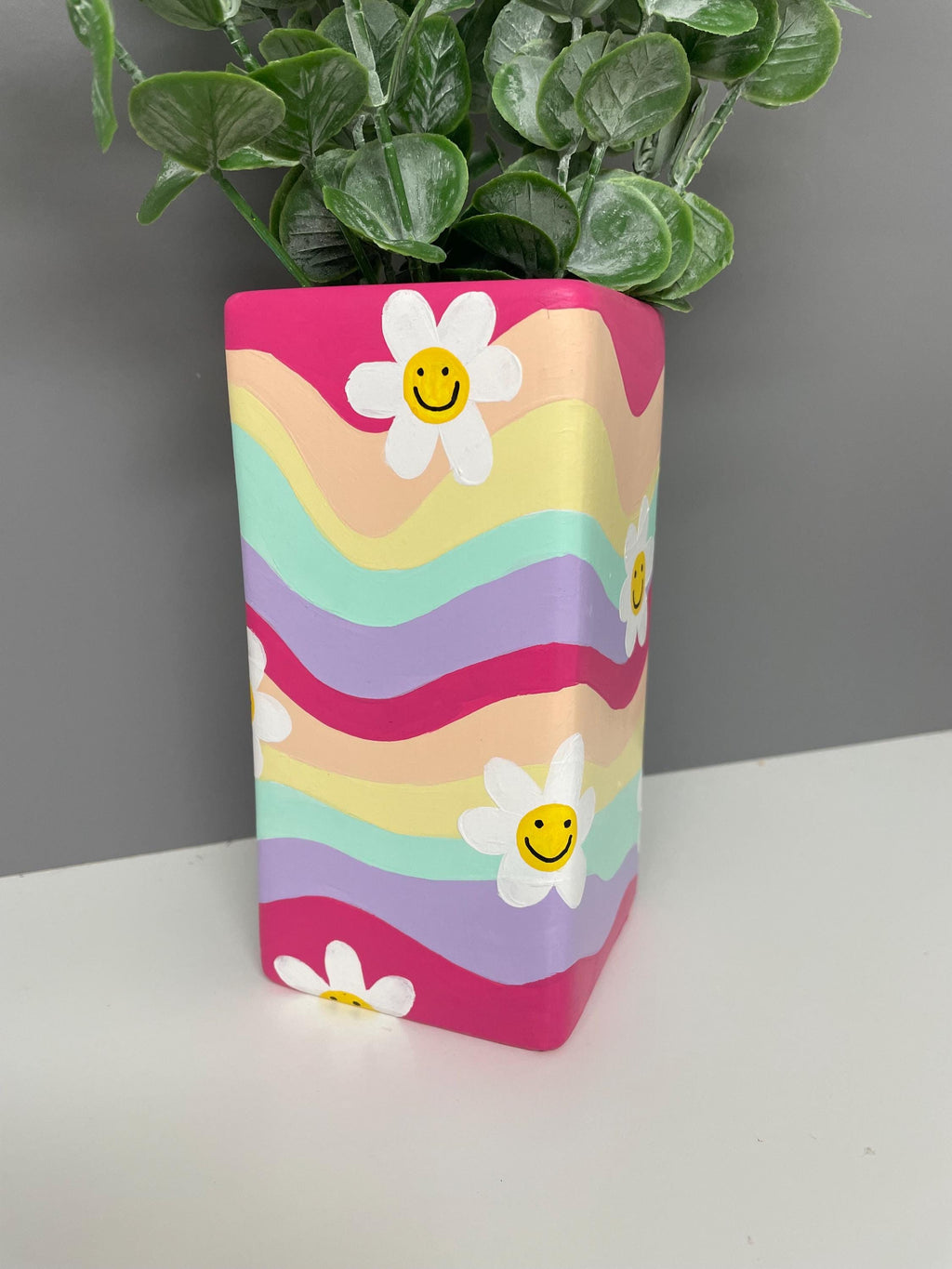 Flower, smiley face hand painted pastel coloured waves ceramic vase