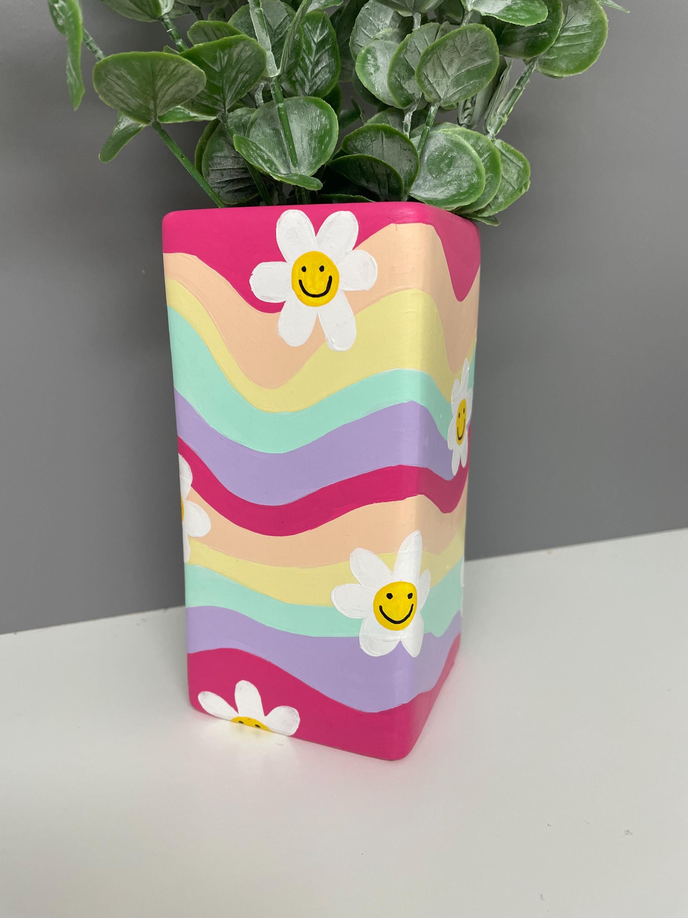 Flower, smiley face hand painted pastel coloured waves ceramic vase