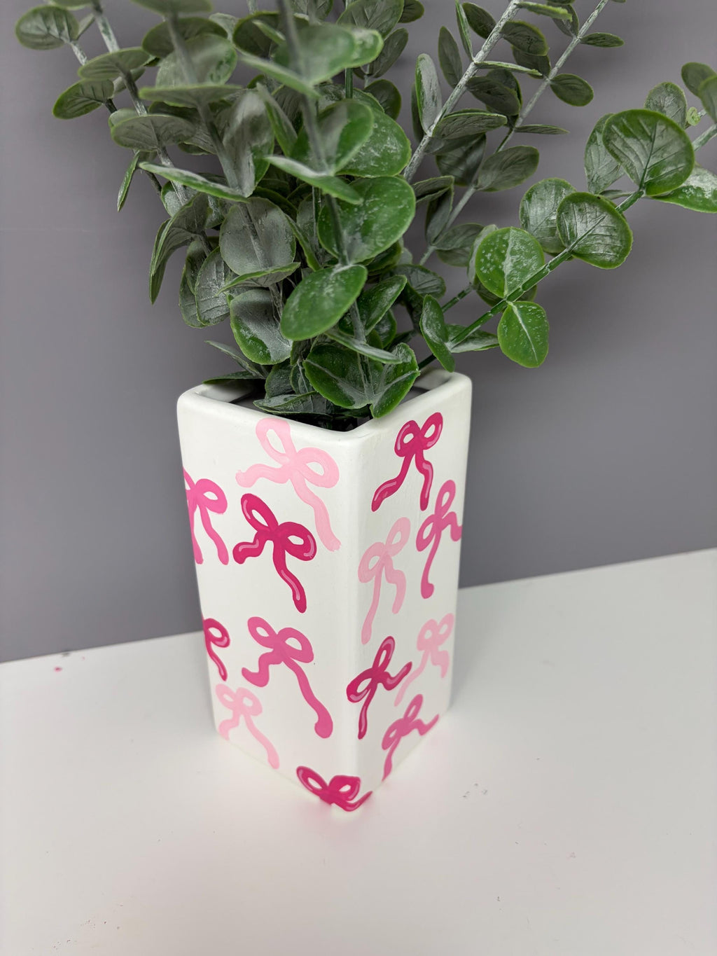Bow hand painted ceramic vase, shades of pink, pink bow vase.