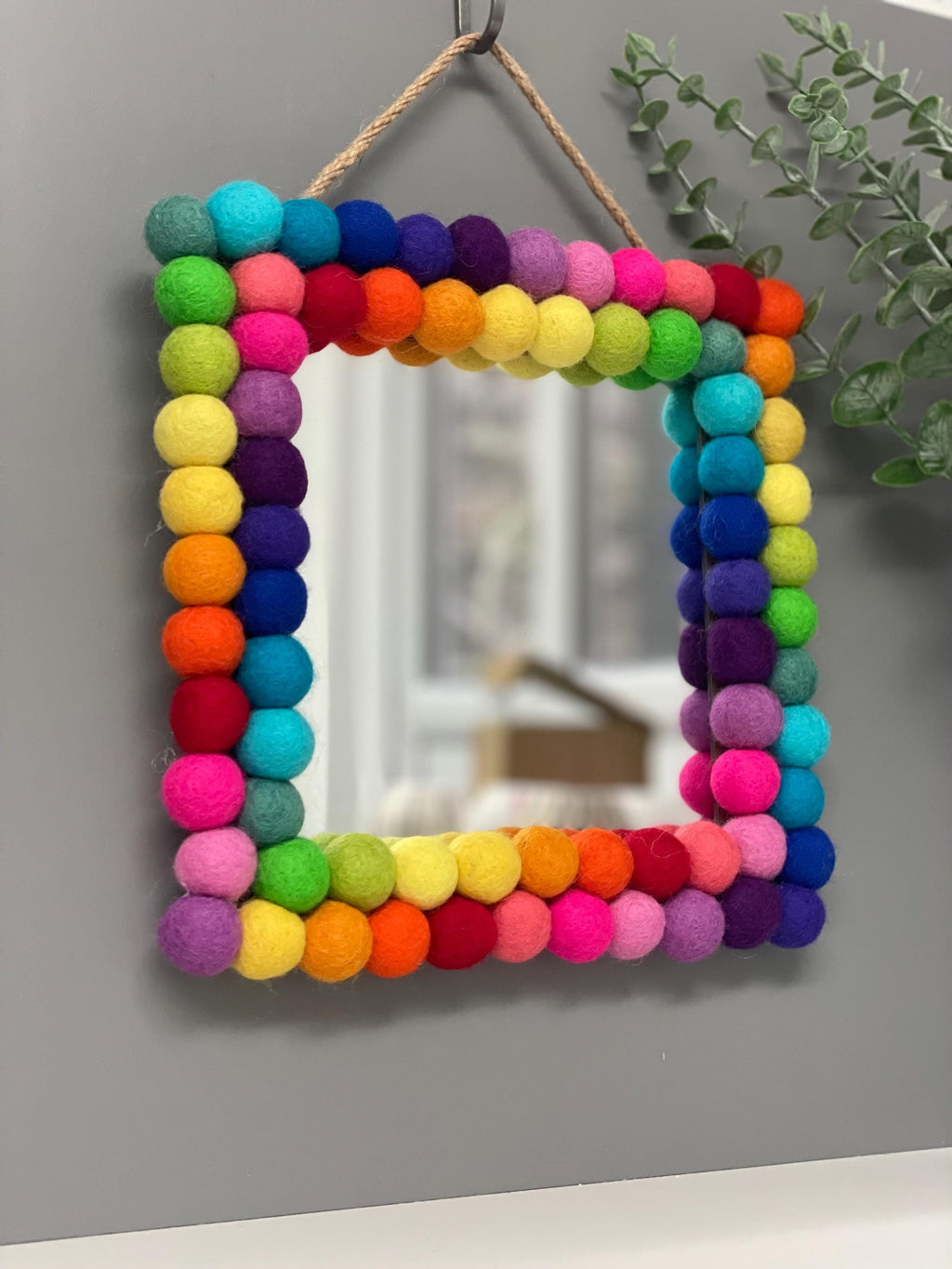 Rainbow Pom Pom Mirror, Playroom Nursery Decor, 20cm Square