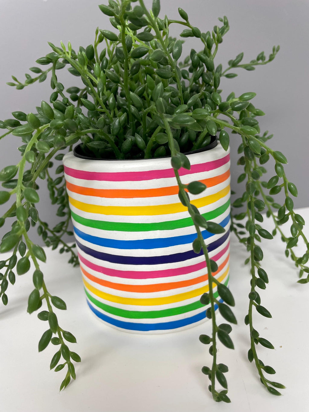 Hand Painted Ceramic Plant Pot, Rainbow Stripe Design. Bright plant pot