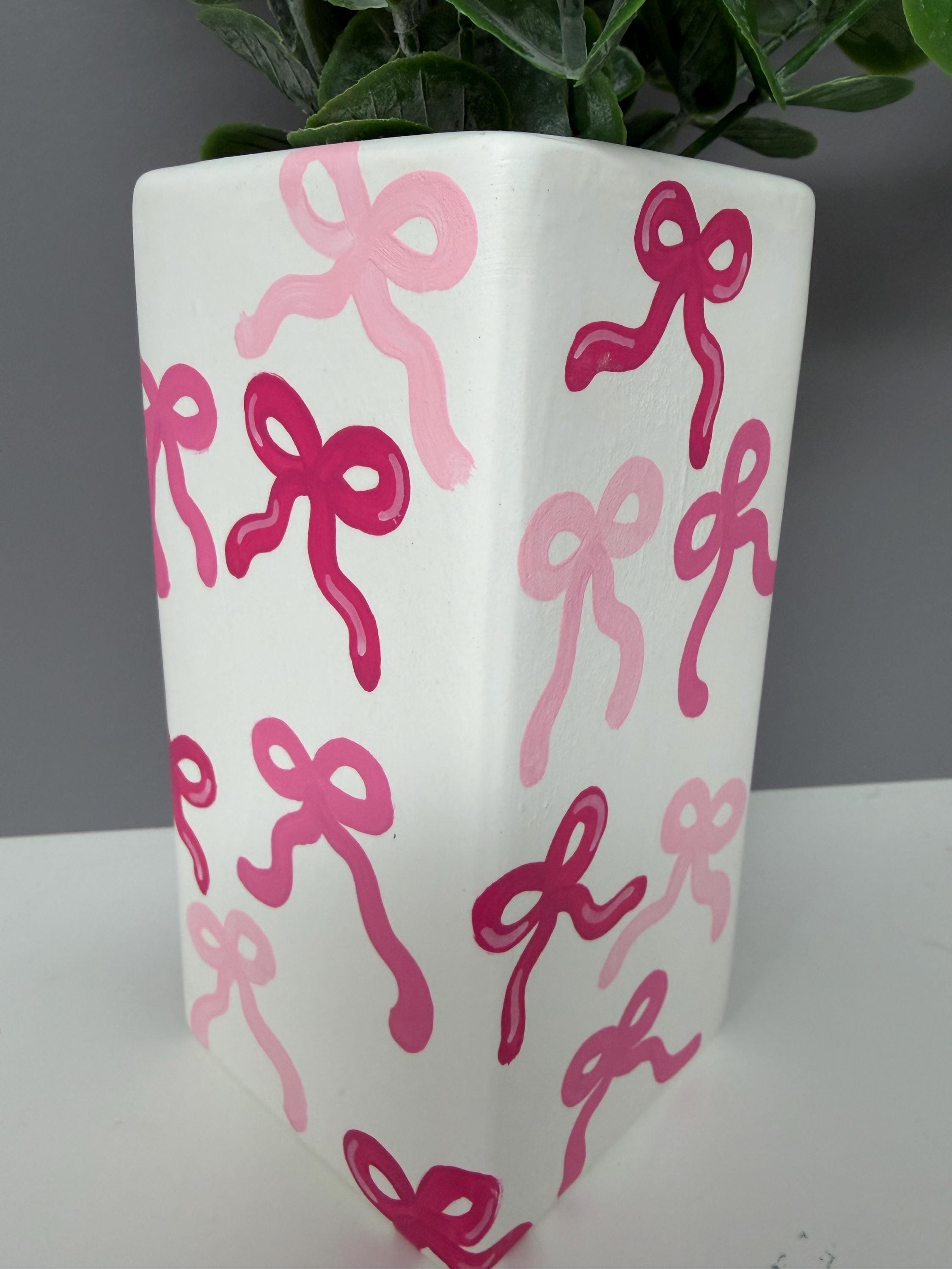 Bow hand painted ceramic vase, shades of pink, pink bow vase.