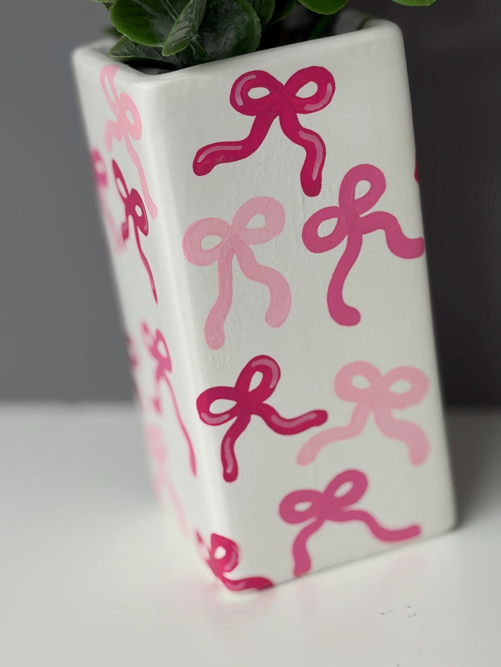 Bow hand painted ceramic vase, shades of pink, pink bow vase.