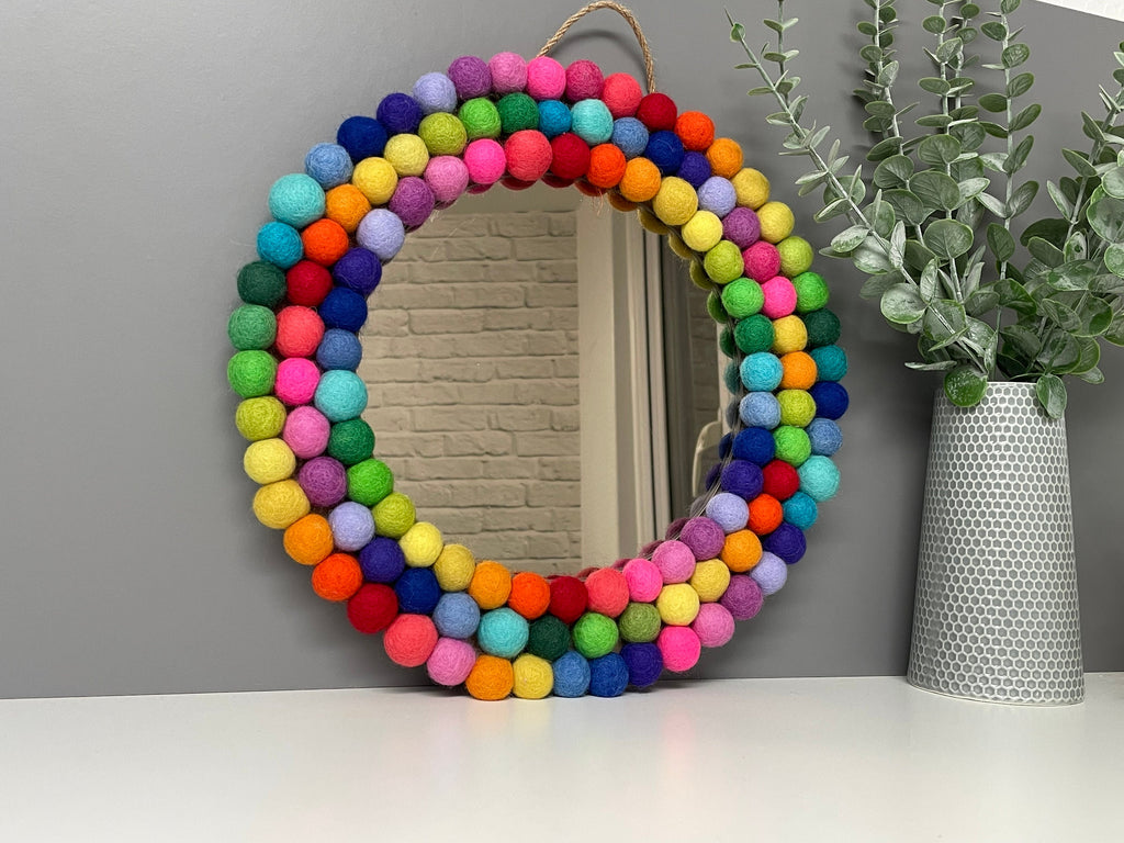 Medium Circular Hanging Pom Pom mirror, rainbow pom Poms, playroom decor.