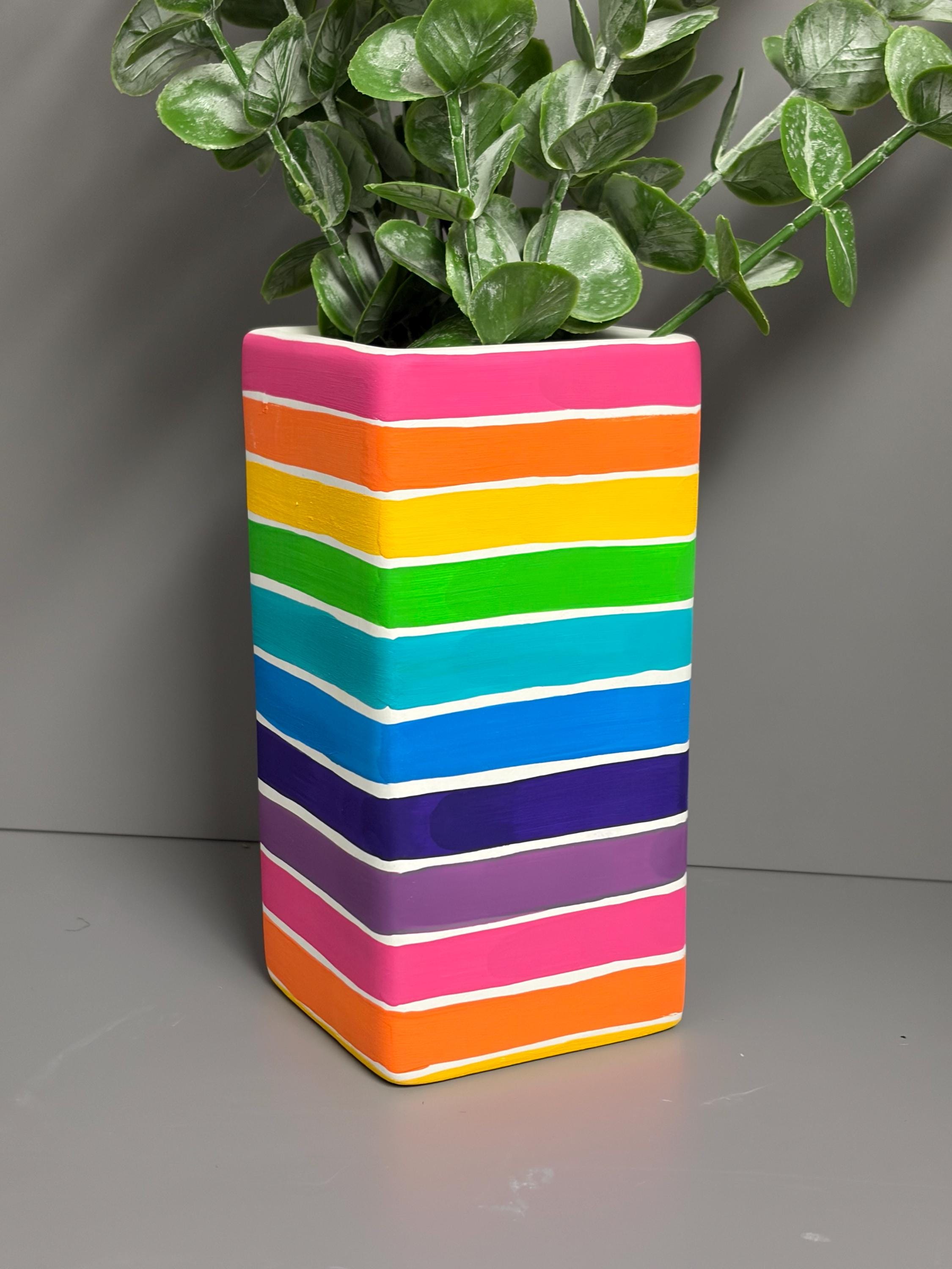 Bright rainbow strip hand painted ceramic vase
