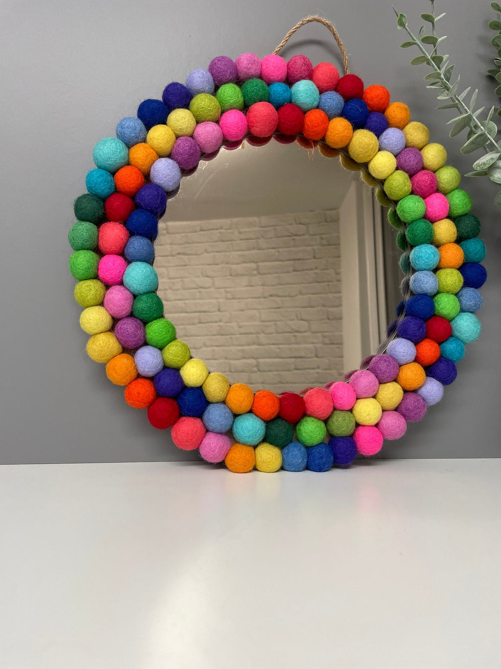 Medium Circular Hanging Pom Pom mirror, rainbow pom Poms, playroom decor.
