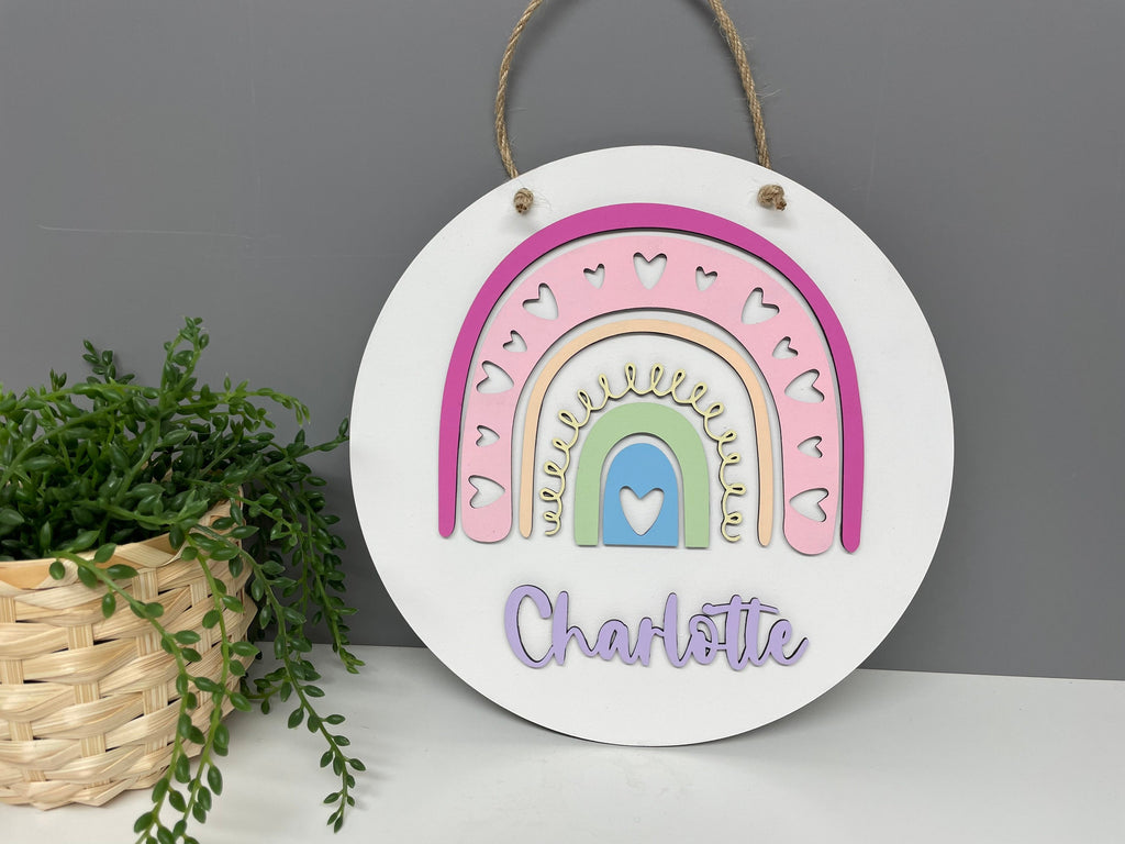 Circular rainbow name wall plaque - name sign - nursery decor - childrens name sign - personalised rainbow sign.