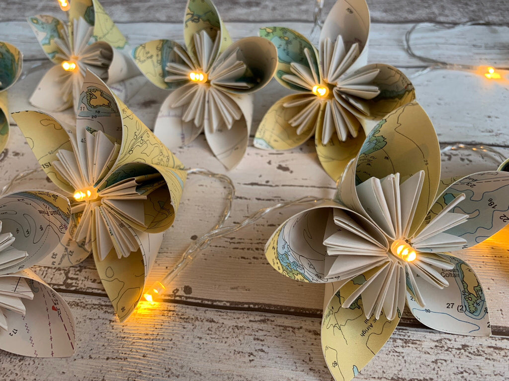 Sea chart paper flower fairy lights, recycled sea charts.