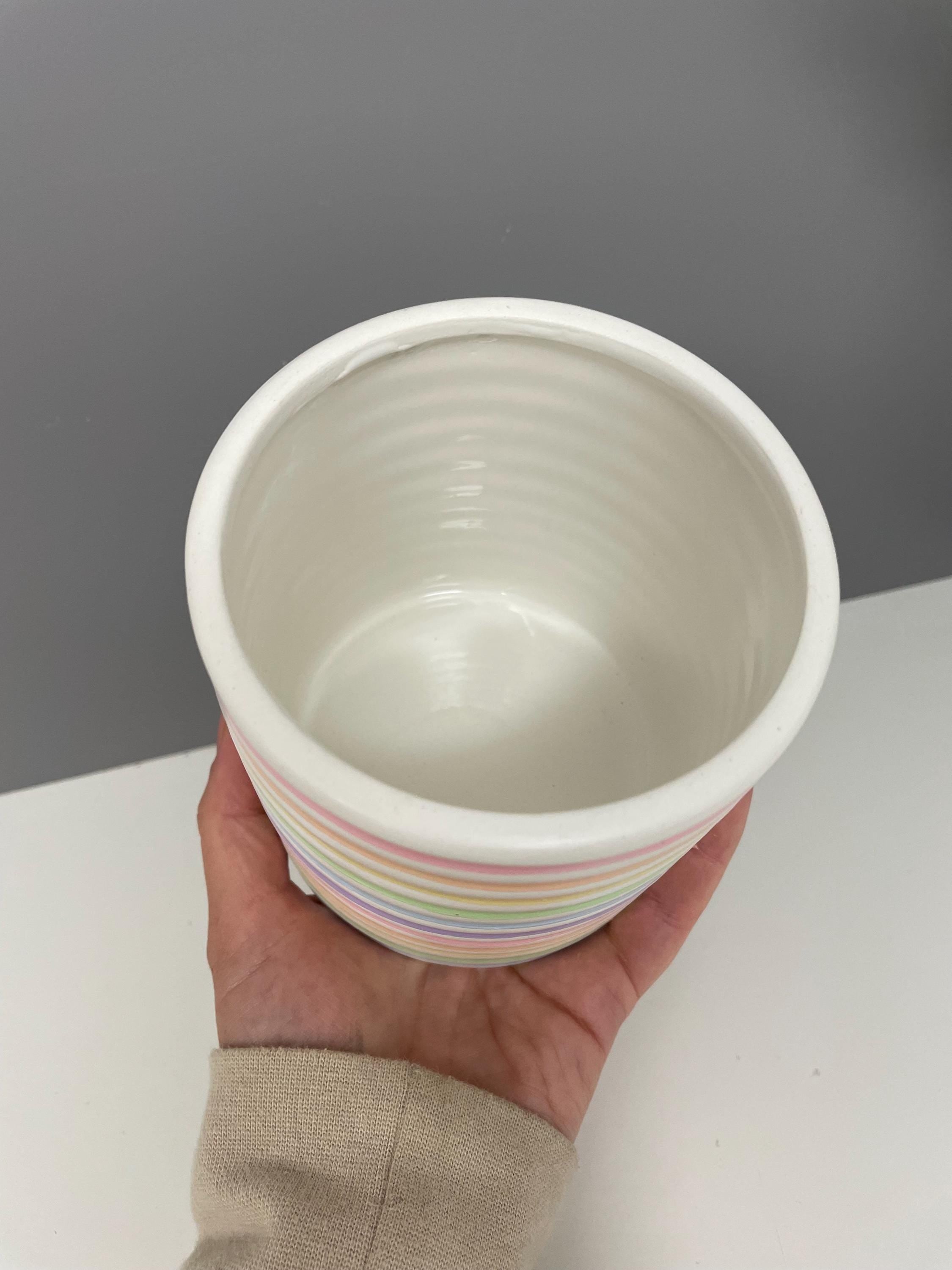 Hand Painted Ceramic Plant Pot, Pastel Rainbow Stripe Design.