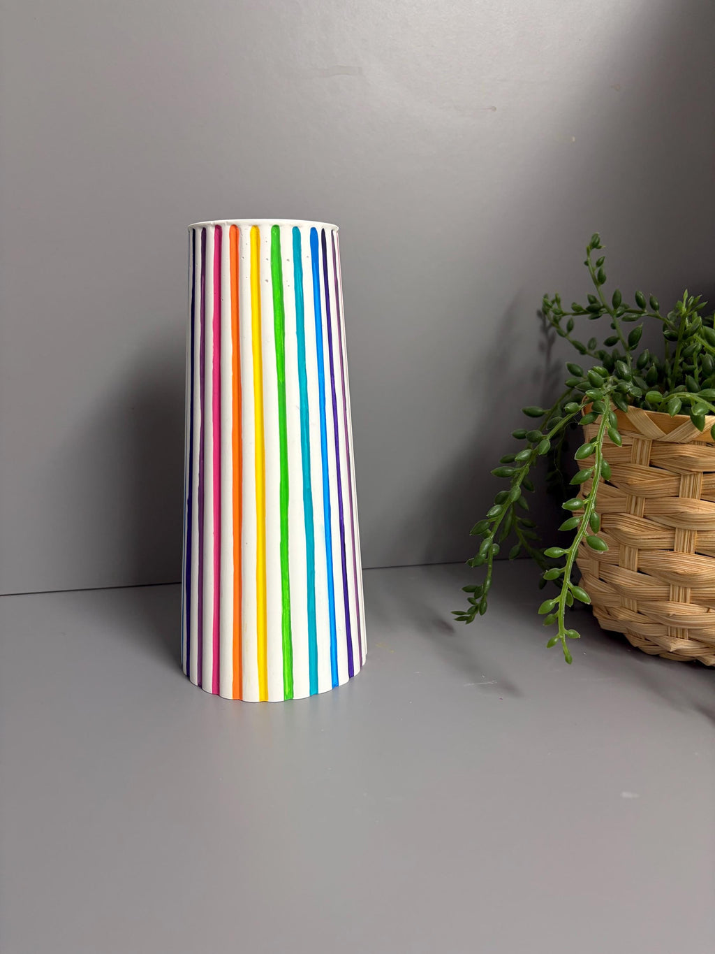 Jesmonite eco resin rainbow stripe vase.