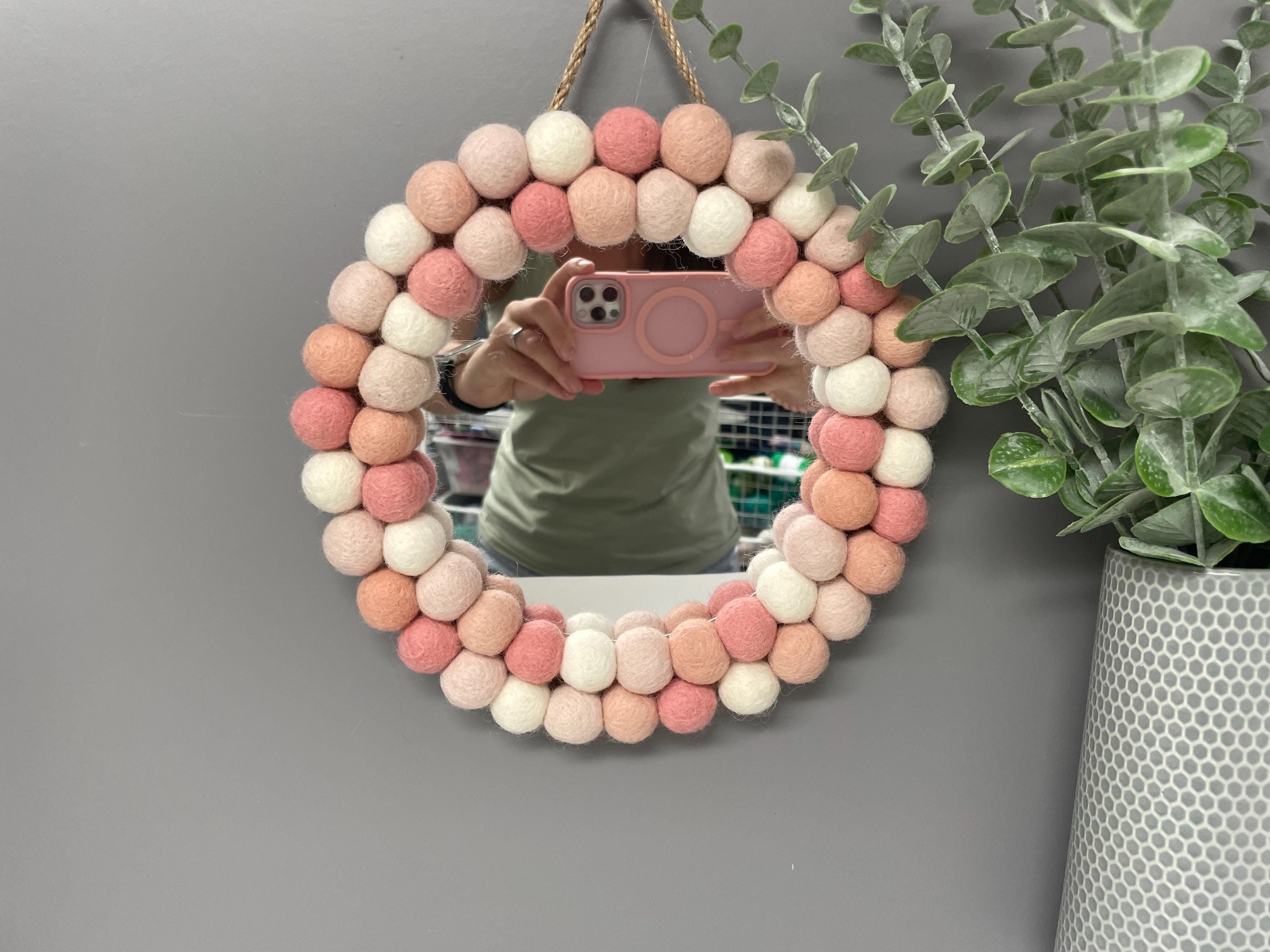 Pom Pom Wall Mirror, Pink & White Wool Felt Nursery Decor, circular mirror